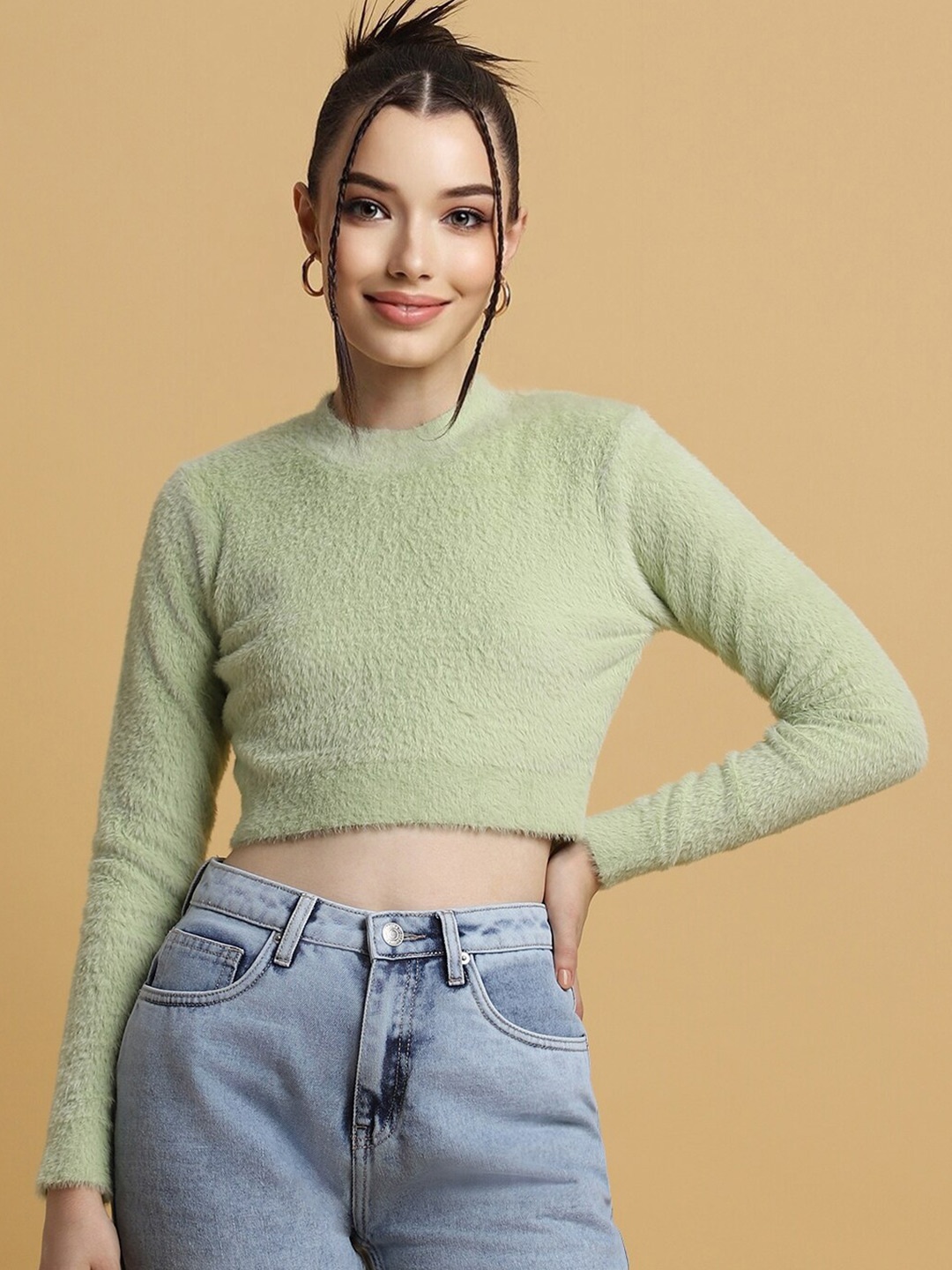 

FOREVER 21Round Neck Long Sleeves Pure Nylon Crop Pullover Sweater, Green