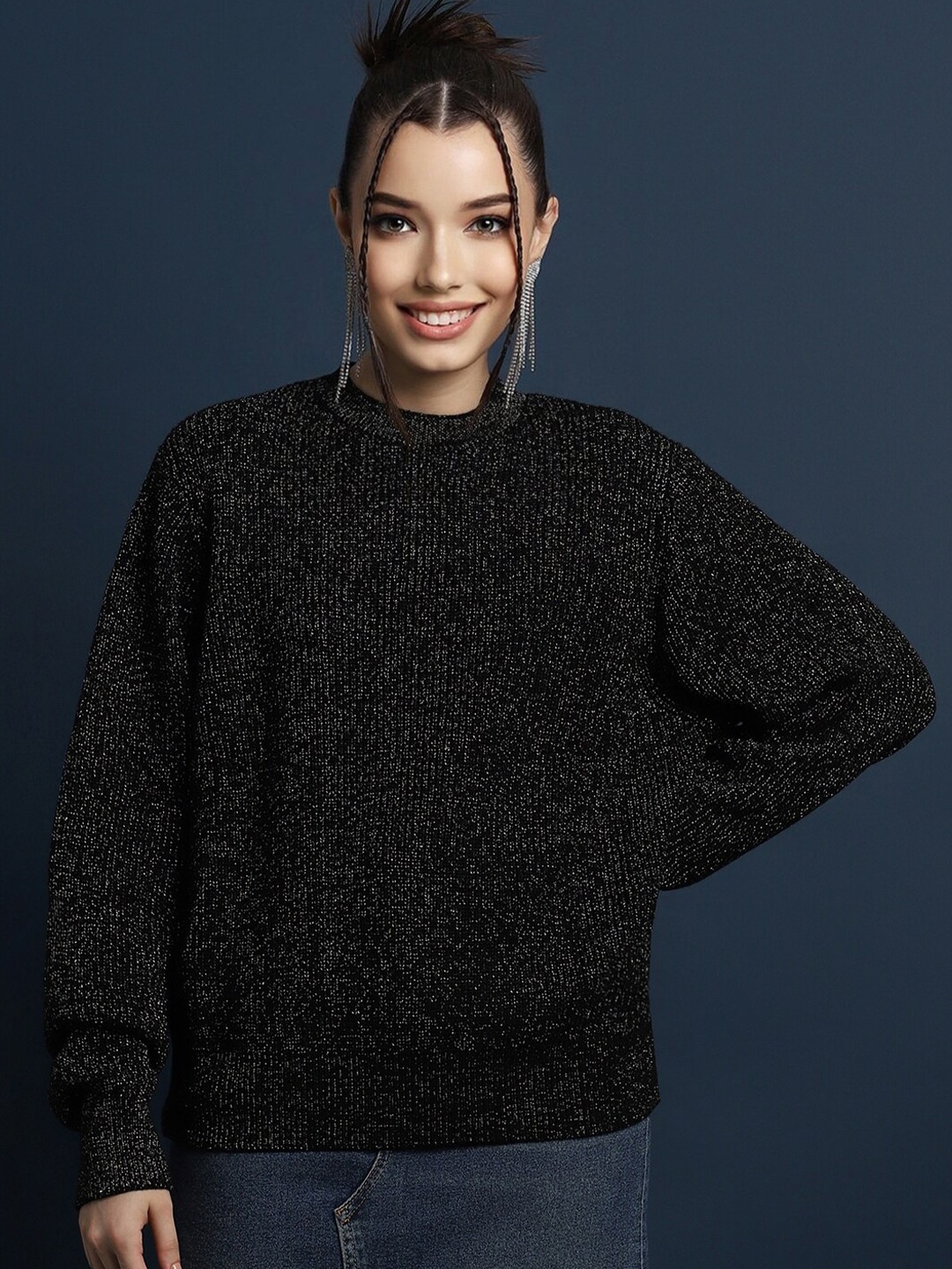

FOREVER 21 Cable Knit Self Design Pullover, Black