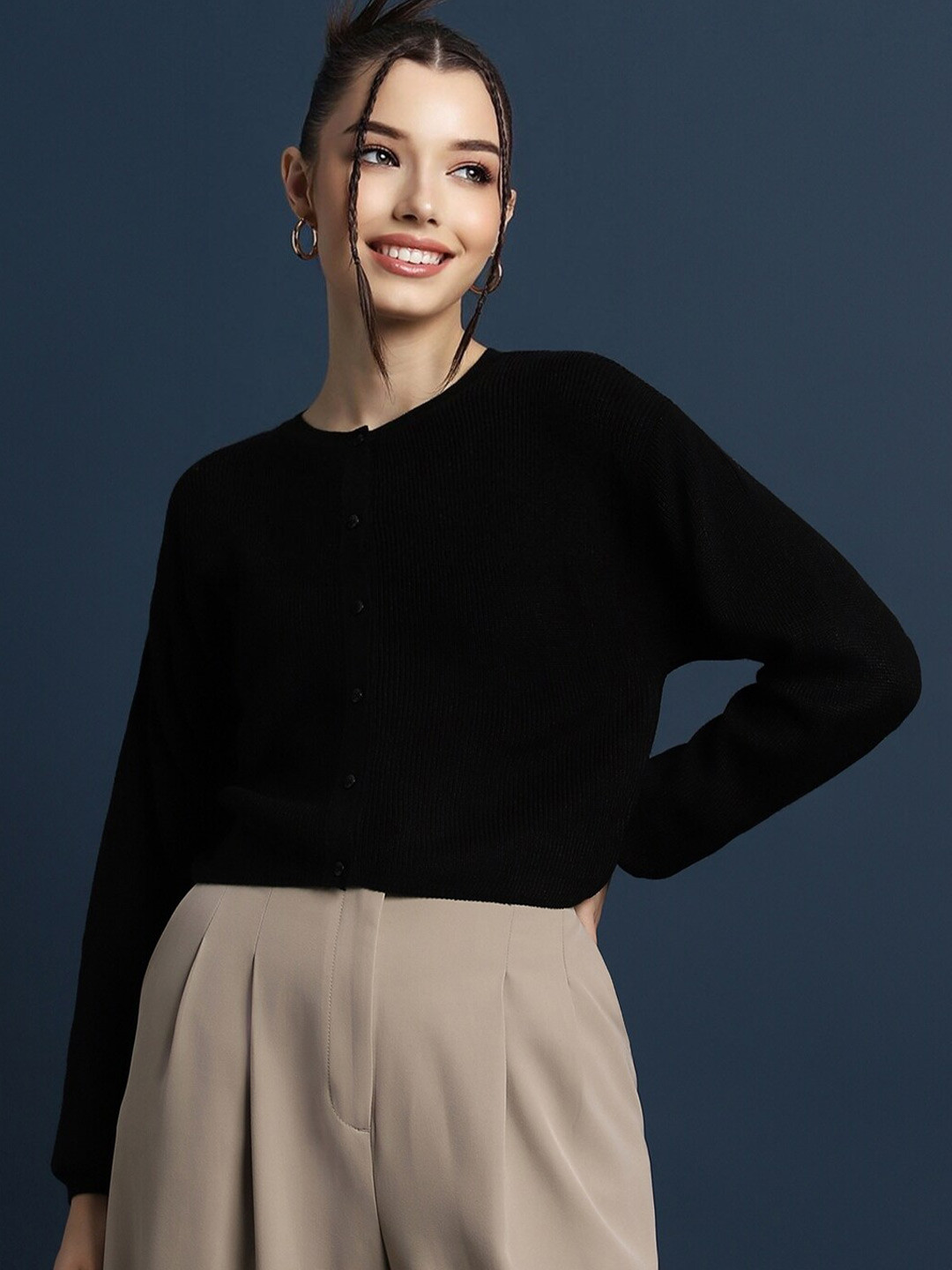 

FOREVER 21 Round Neck Acrylic Cardigan Sweater, Black