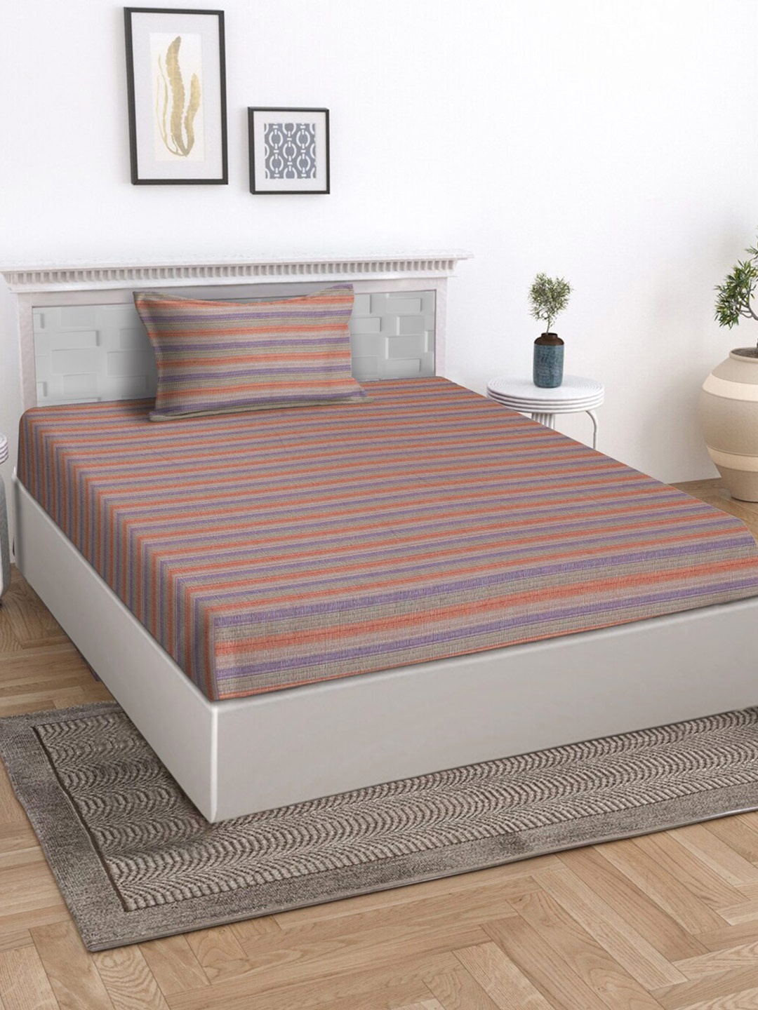 

KLOTTHE Red Striped Cotton 280 GSM 400 TC Superfine Single Bedsheet with a Pillow Cover