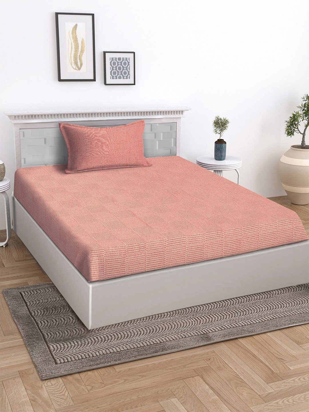 

KLOTTHE Red Striped Cotton 280 GSM 400 TC Superfine Single Bedsheet with a Pillow Cover