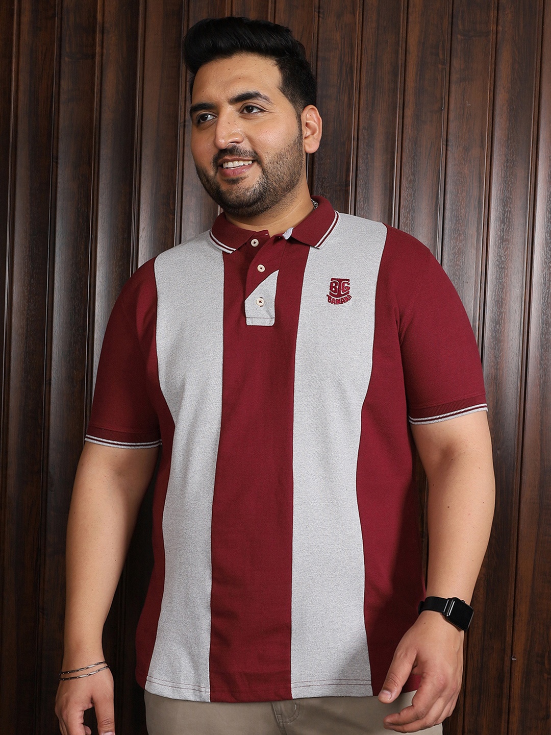 

bigbanana Plus Size Striped Polo Collar Bio Finish Cotton T-shirt, Grey