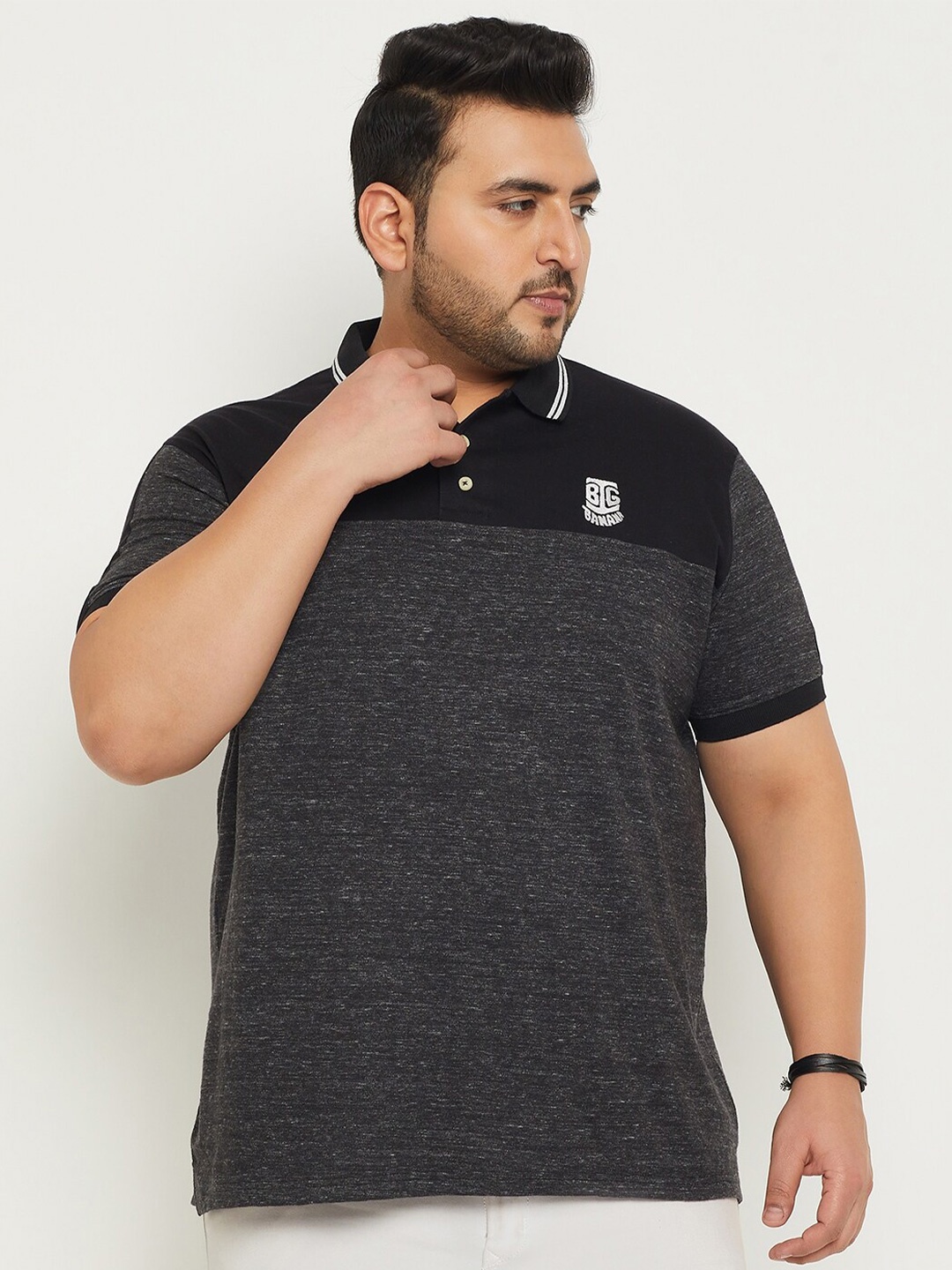 

bigbanana Plus Size Colourblocked Polo Collar Bio Finish Pure Cotton T-shirt, Charcoal