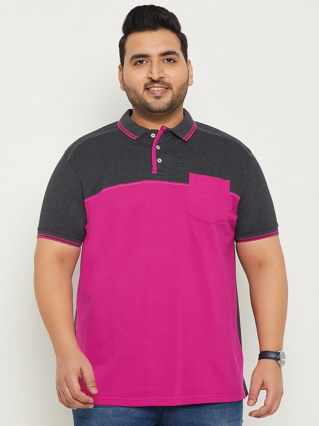 

bigbanana Plus Size Colourblocked Polo Collar Pure Cotton Bio Finish T-shirt, Magenta