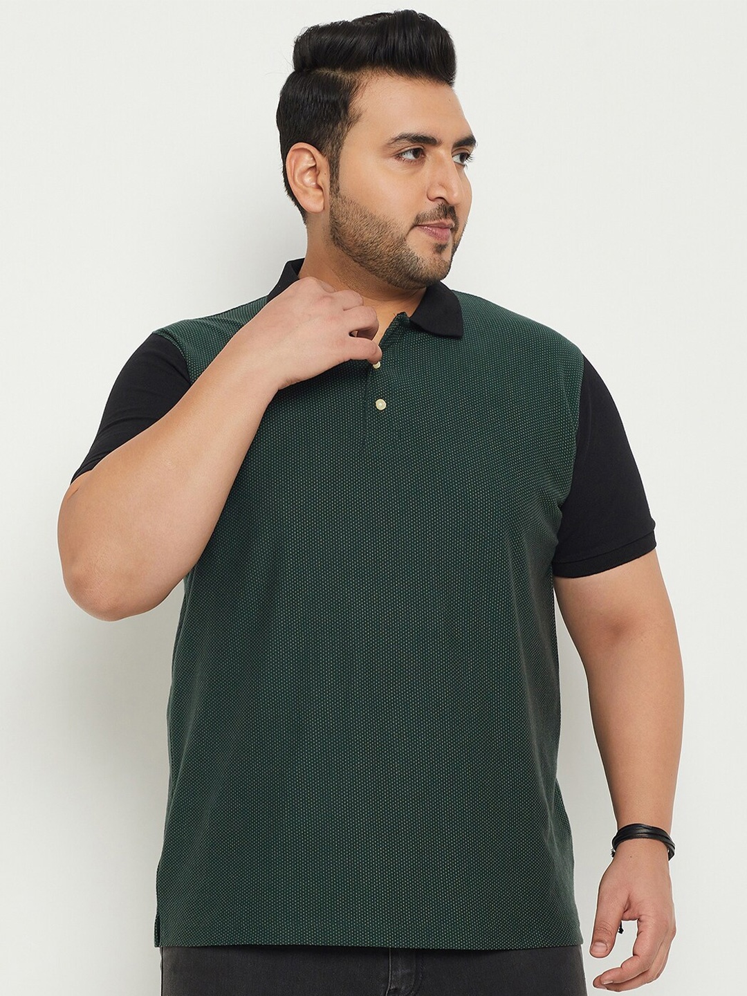 

bigbanana Plus Size Colourblocked Polo Collar Bio Finish Cotton T-shirt, Green