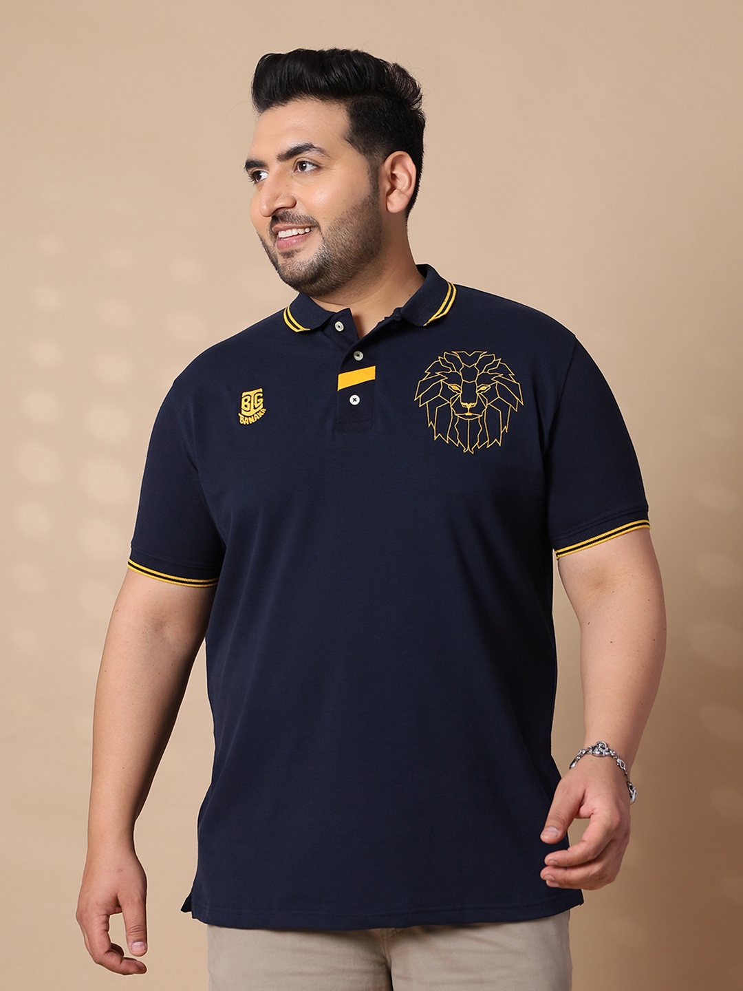 

bigbanana Plus Size Graphic Printed Polo Collar Bio Finish Pure Cotton T-shirt, Navy blue