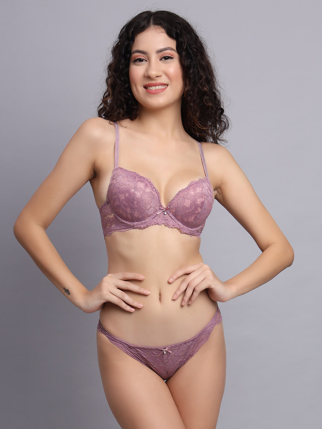 

Nakshu Lace Self Design Lightly Padded Bra With Bikini Brief, Purple