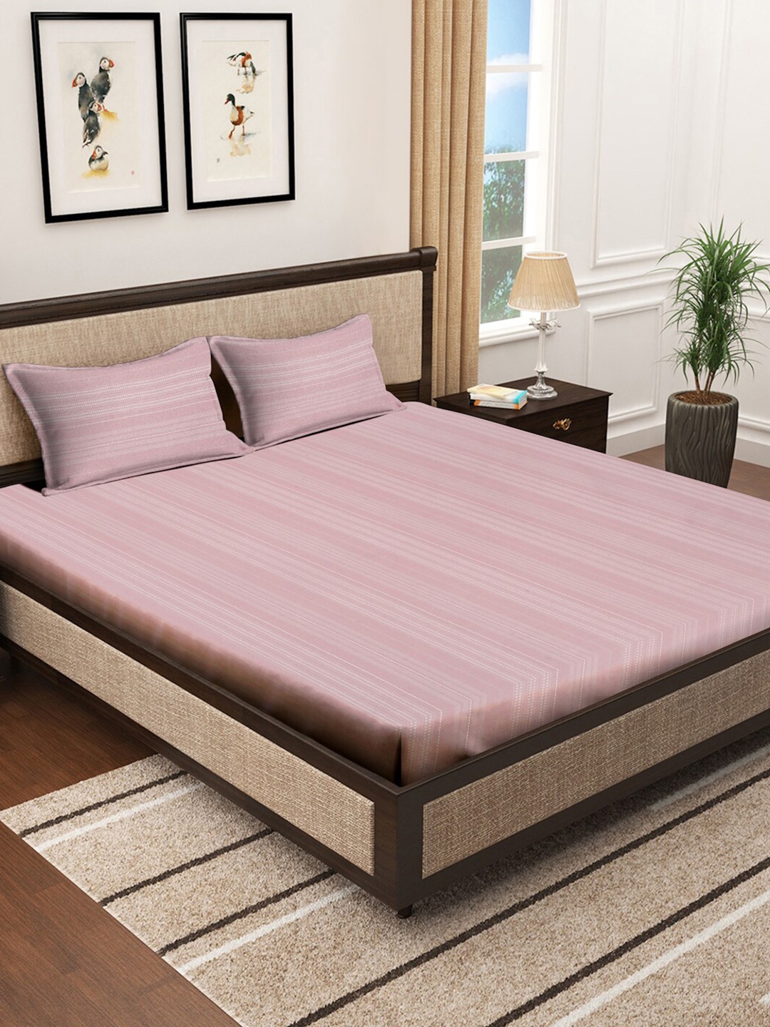 

Pink Striped Cotton 130 GSM 400 TC Superfine King Bedsheet with 2 Pillow Covers