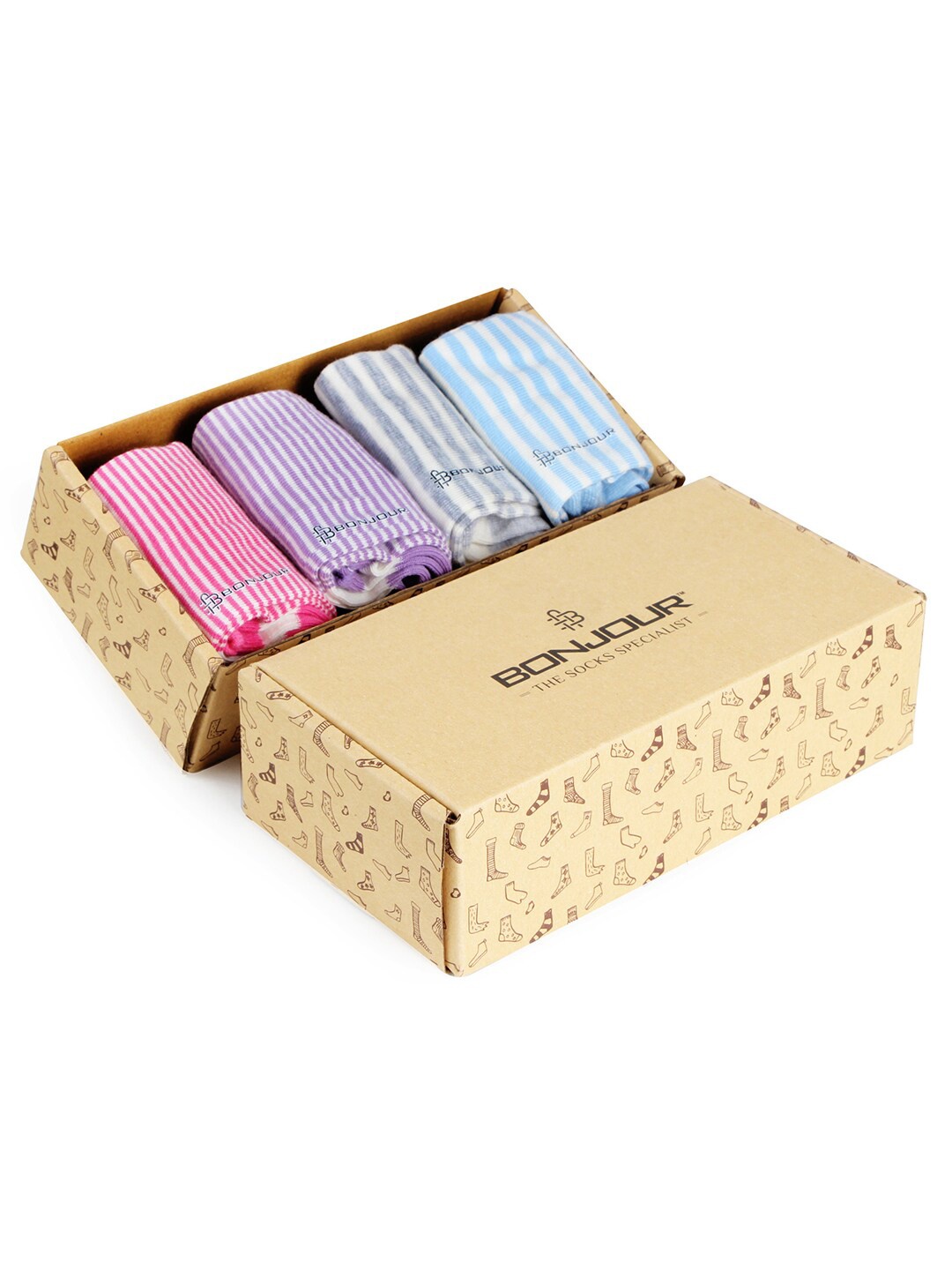 

Bonjour Women Pack Of 4 Assorted Striped Cotton Ankle Length Socks