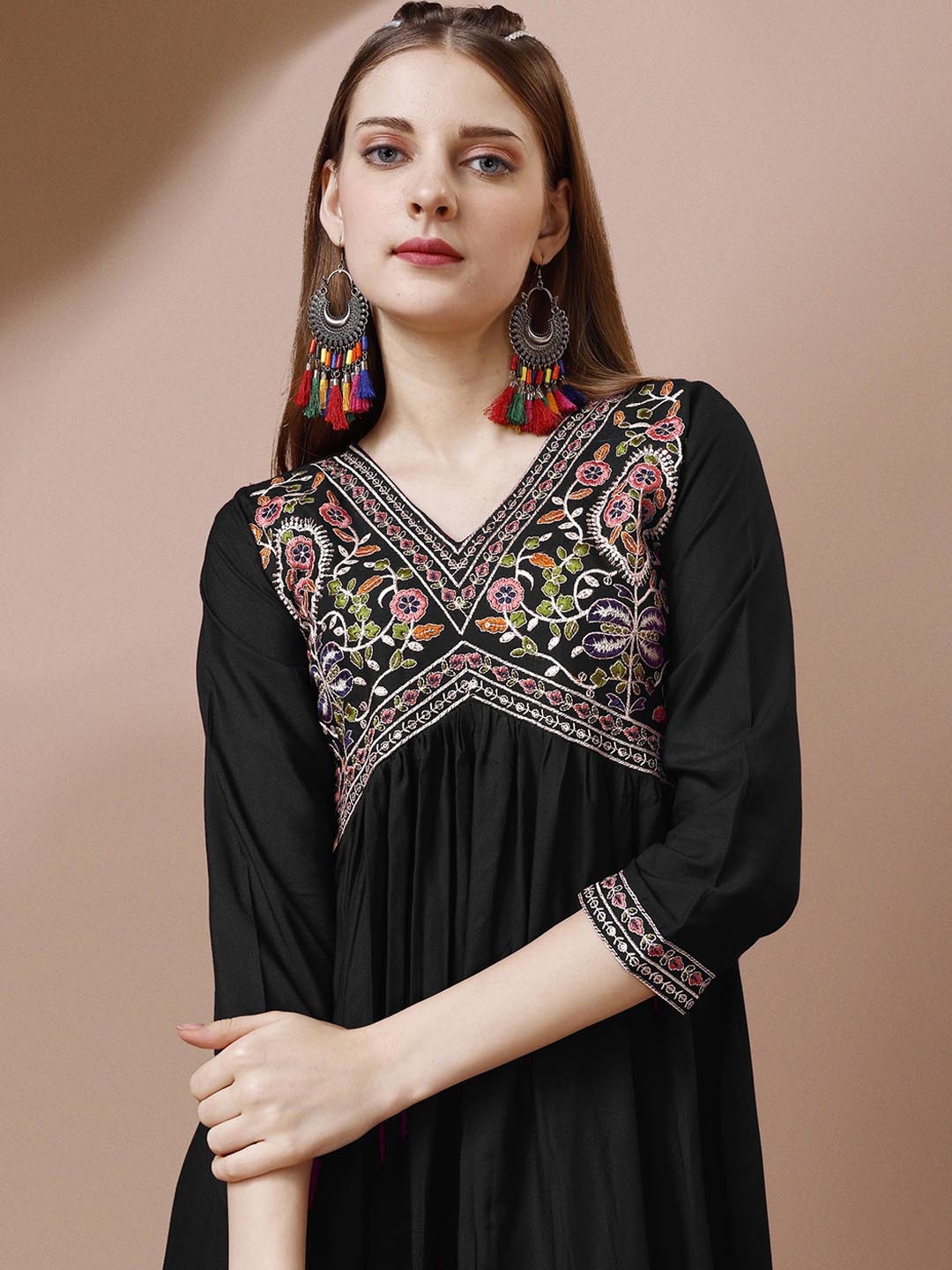 

Shree Ramkrishna Fab Floral Embroidered Sequinned Anarkali Dress, Black