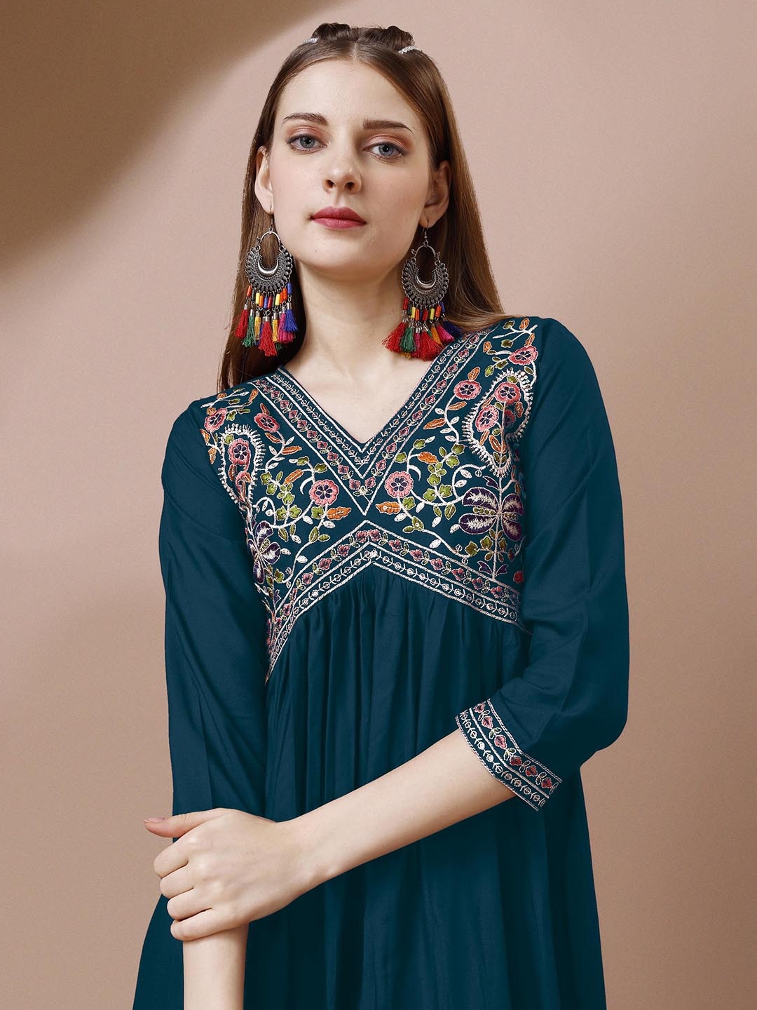 

Shree Ramkrishna Fab Floral Design Embroidery Anarkali Dress, Teal