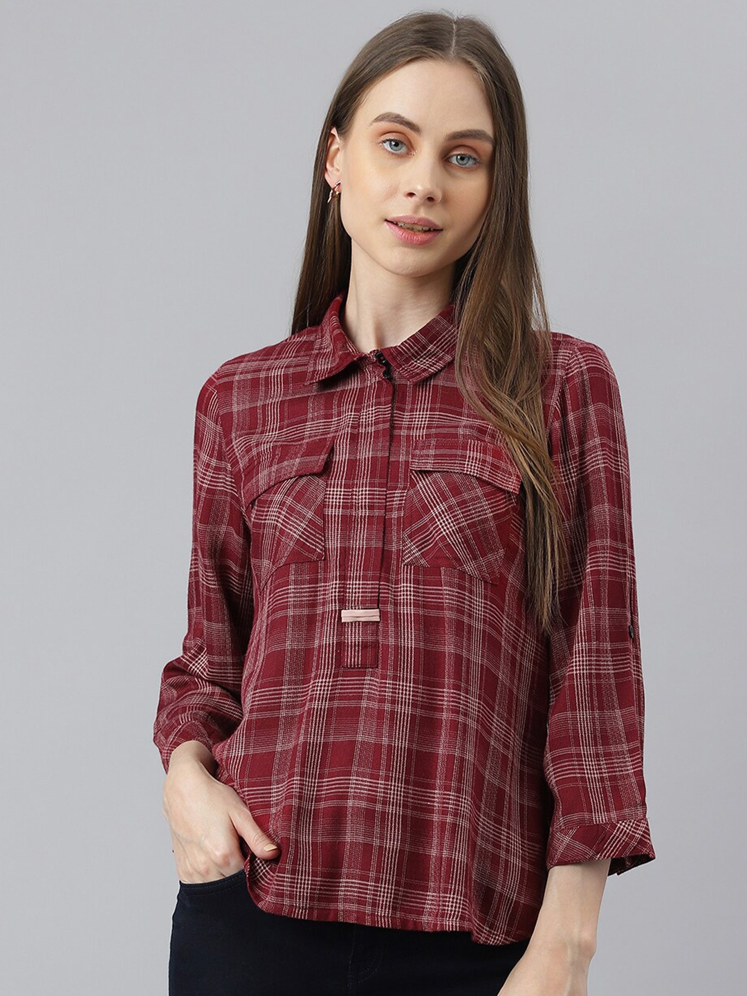 

Latin Quarters Checked Cuffed Sleeves Shirt Style Top, Maroon