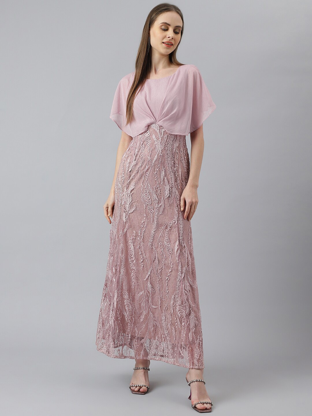 

Latin Quarters Self Design Flared Sleeves Maxi Dress, Pink