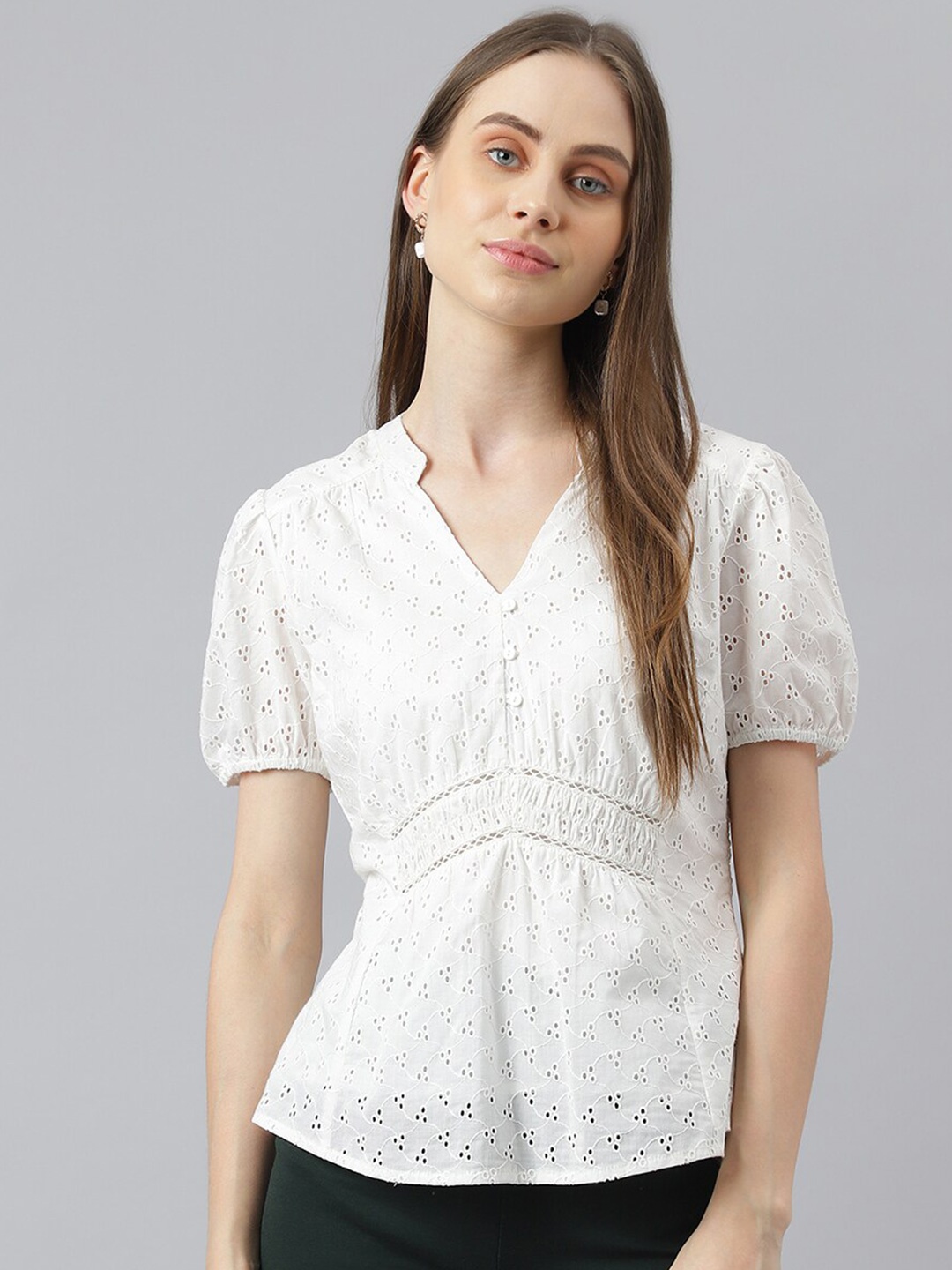 

Latin Quarters Self Design Mandarin Collar Puff Sleeves Smocked Cotton Top, White