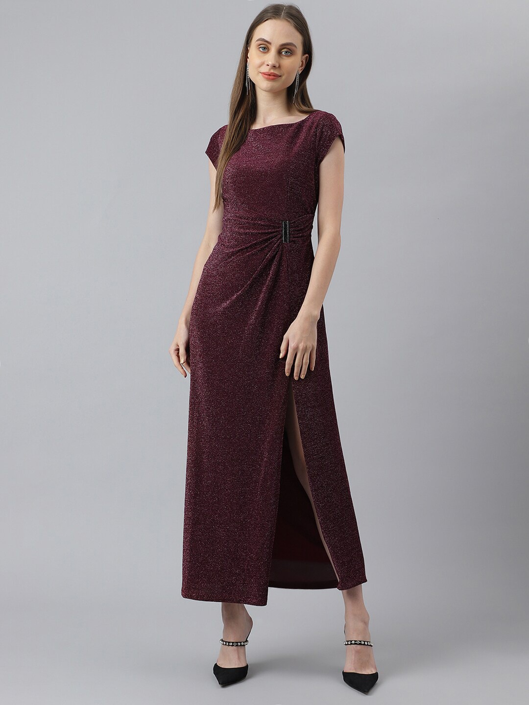 

Latin Quarters Cap Sleeves Sheen Maxi Dress, Maroon