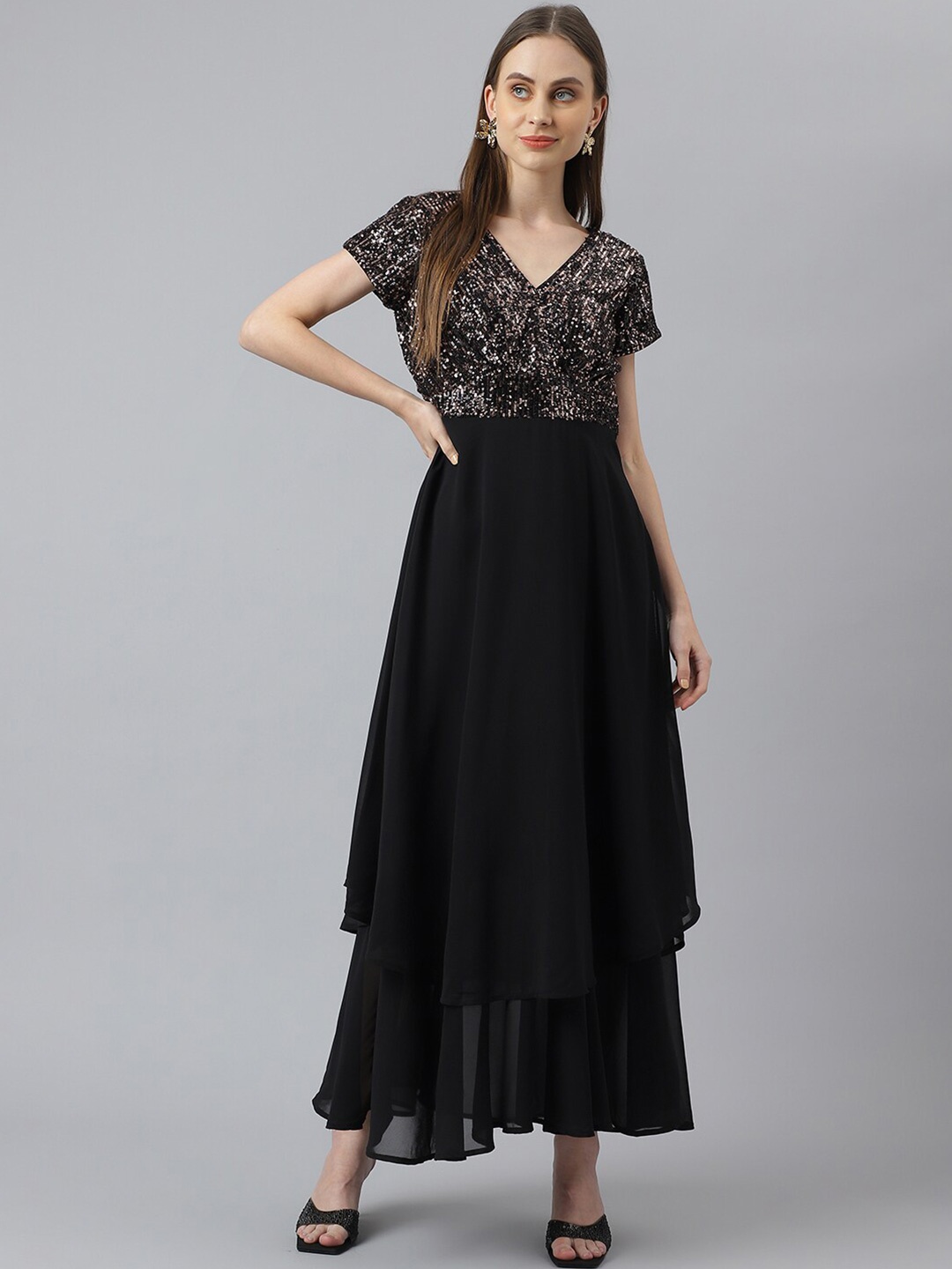 

Latin Quarters Embellished V-Neck Layered Maxi Dress, Black