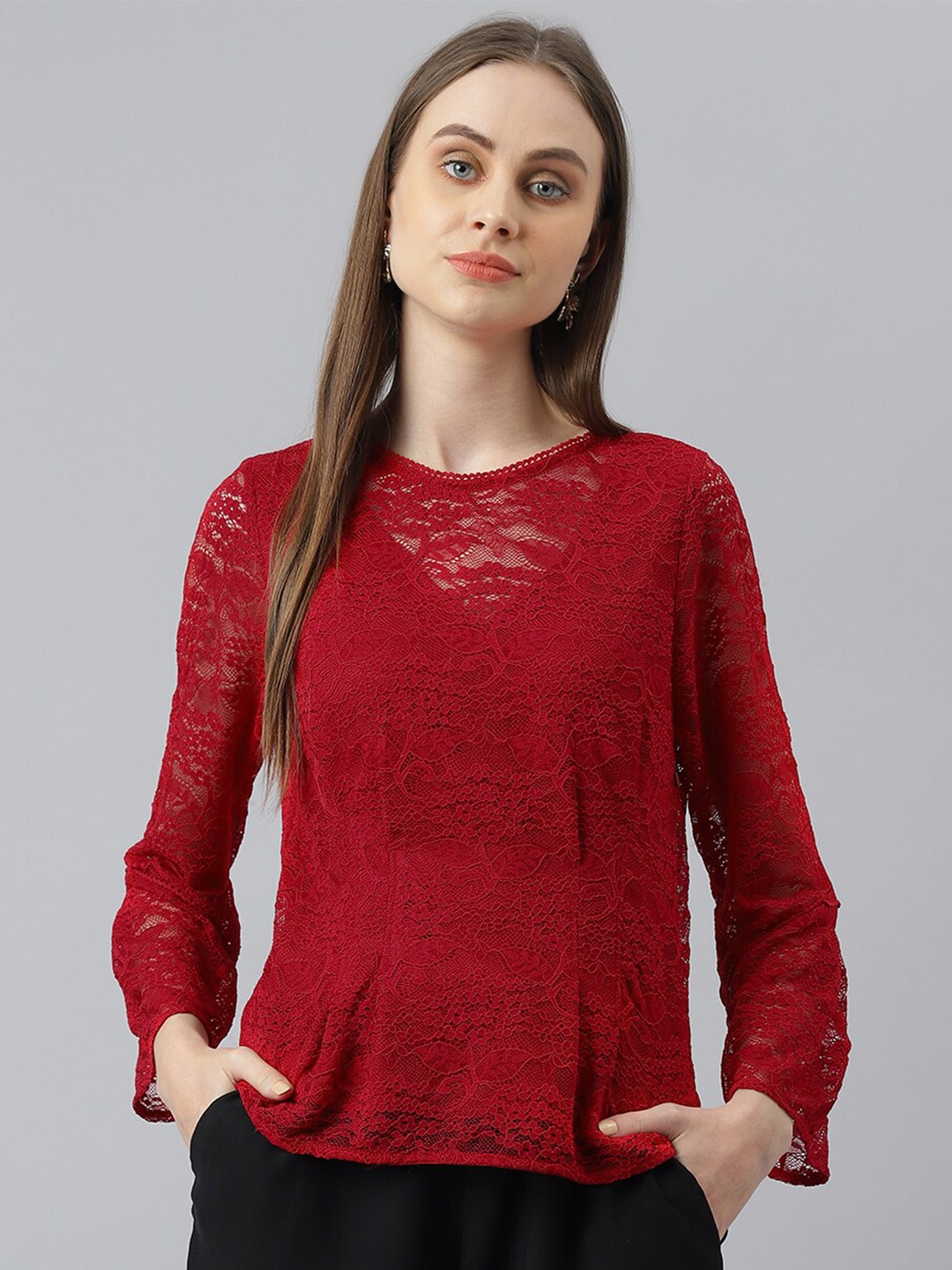 

Latin Quarters Self Design Flared Sleeves Top, Red