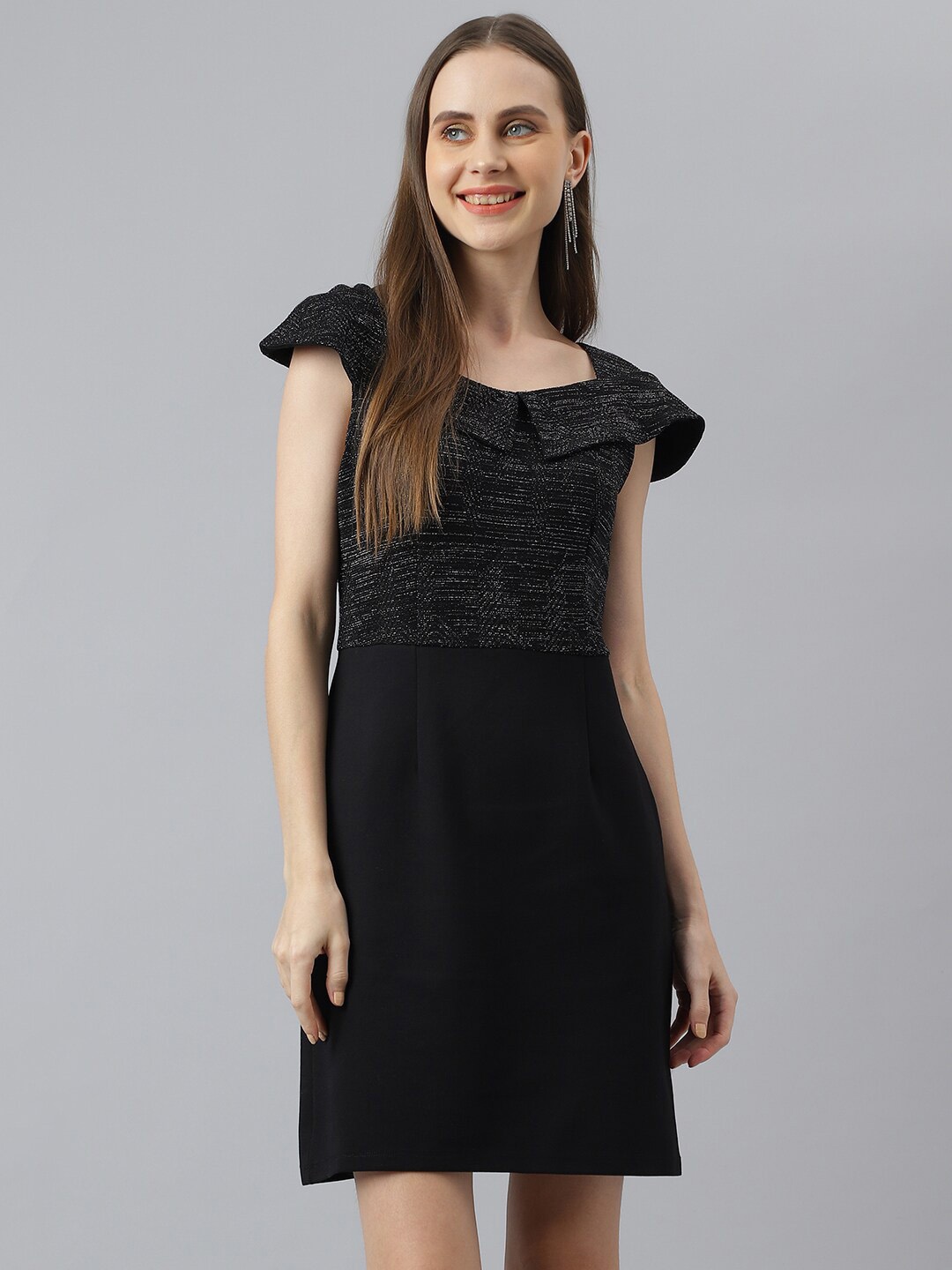 

Latin Quarters Self Designed Square Neck Cap Sleeves A-Line Dress, Black