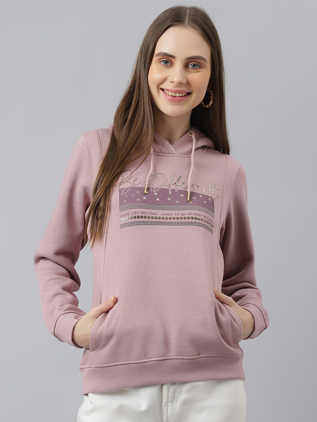 

Latin Quarters Typography Printed Long Sleeves Hooded Pullover, Pink