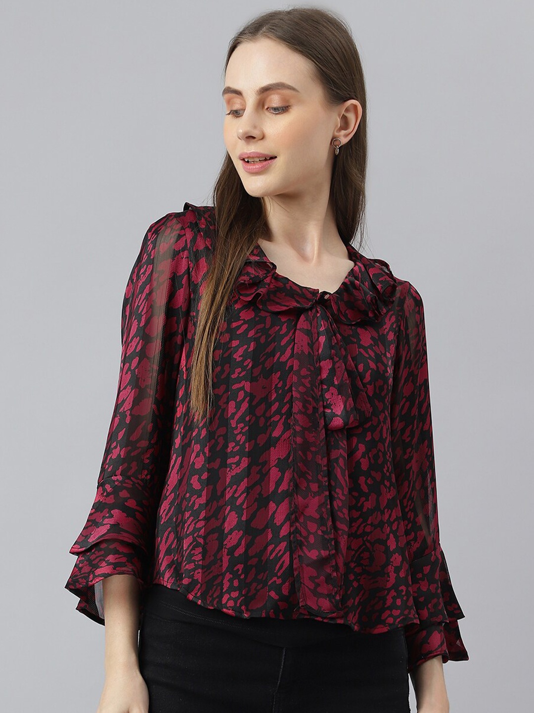 

Latin Quarters Animal Printed Tie-Up Neck Flared Sleeves Gathered Top, Maroon