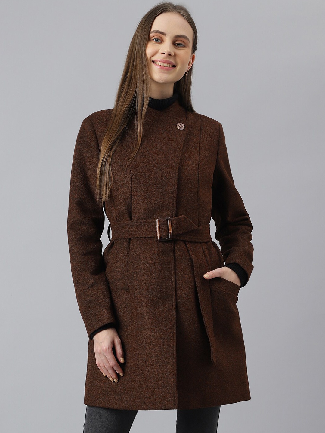 

Latin Quarters Mock Collar Long Sleeves Belted Longline Overcoat, Rust