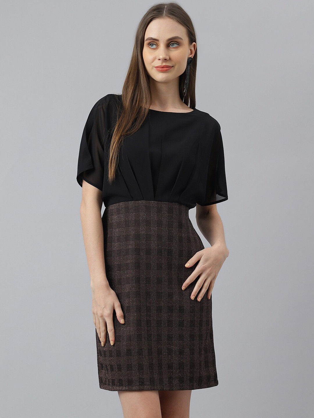 

Latin Quarters Checked Round Neck Sheath Mini Dress, Black