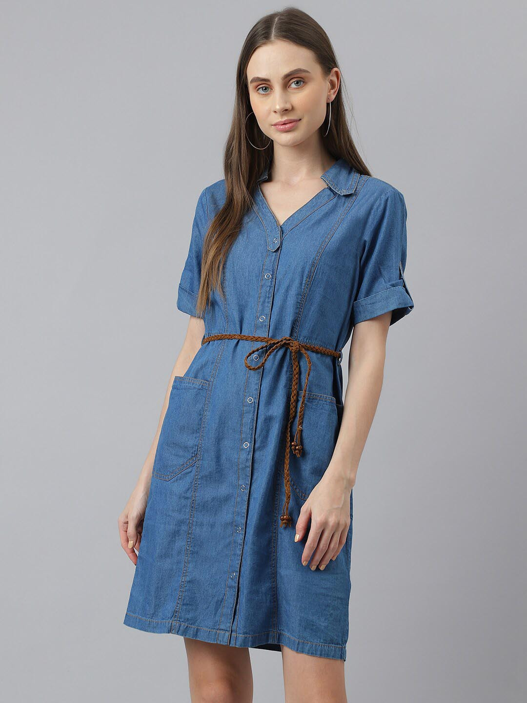 

Latin Quarters Shirt Collar Denim Shirt Style Dress, Blue