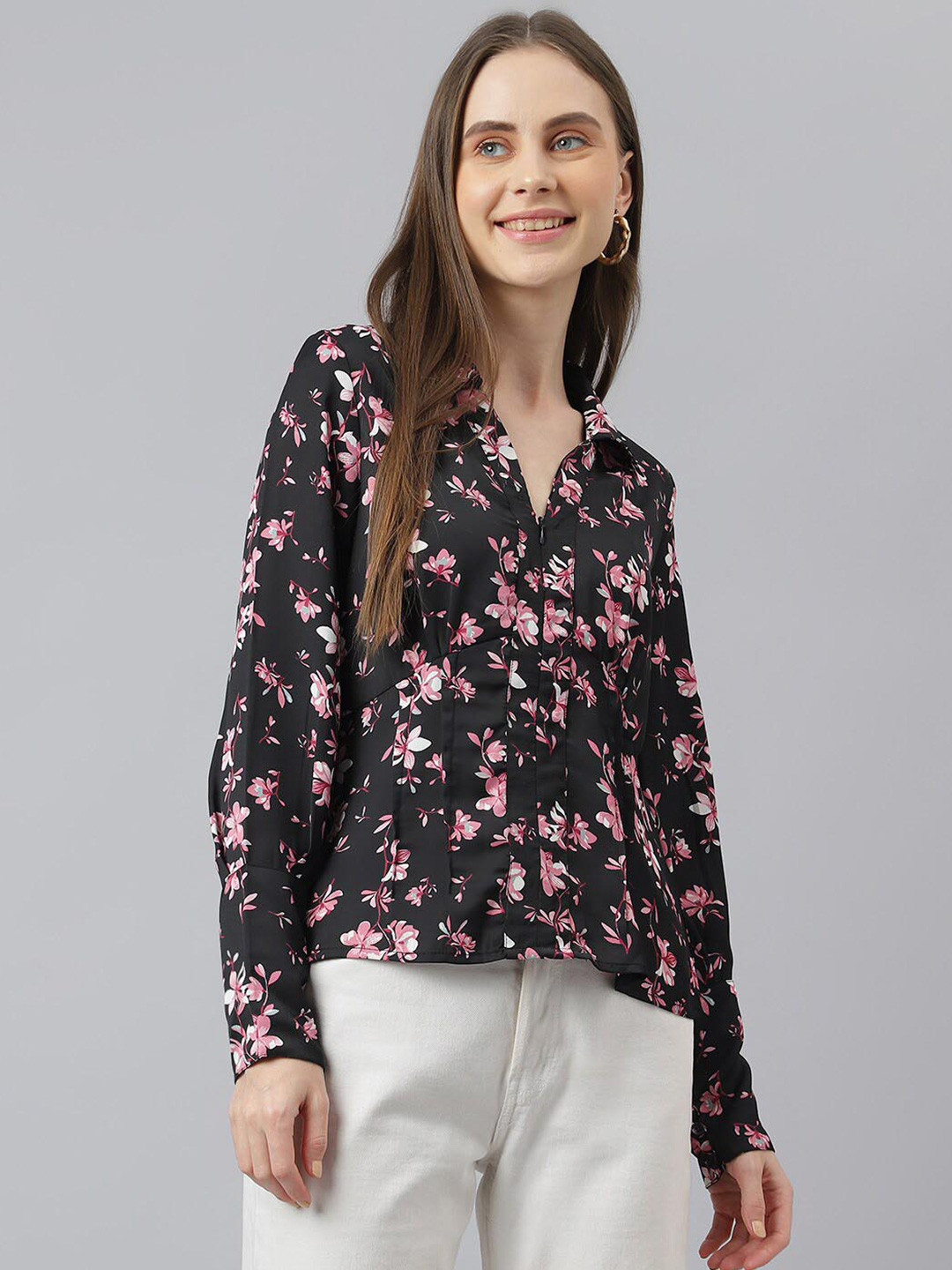 

Latin Quarters Floral Printed Shirt Style Top, Black