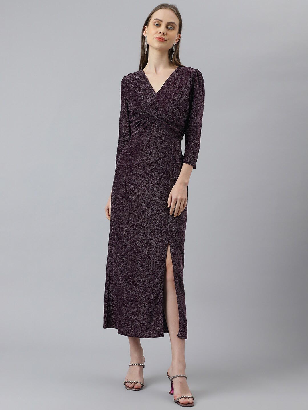 

Latin Quarters Embellished Gathered Detailed V-Neck A-Line Dress, Purple