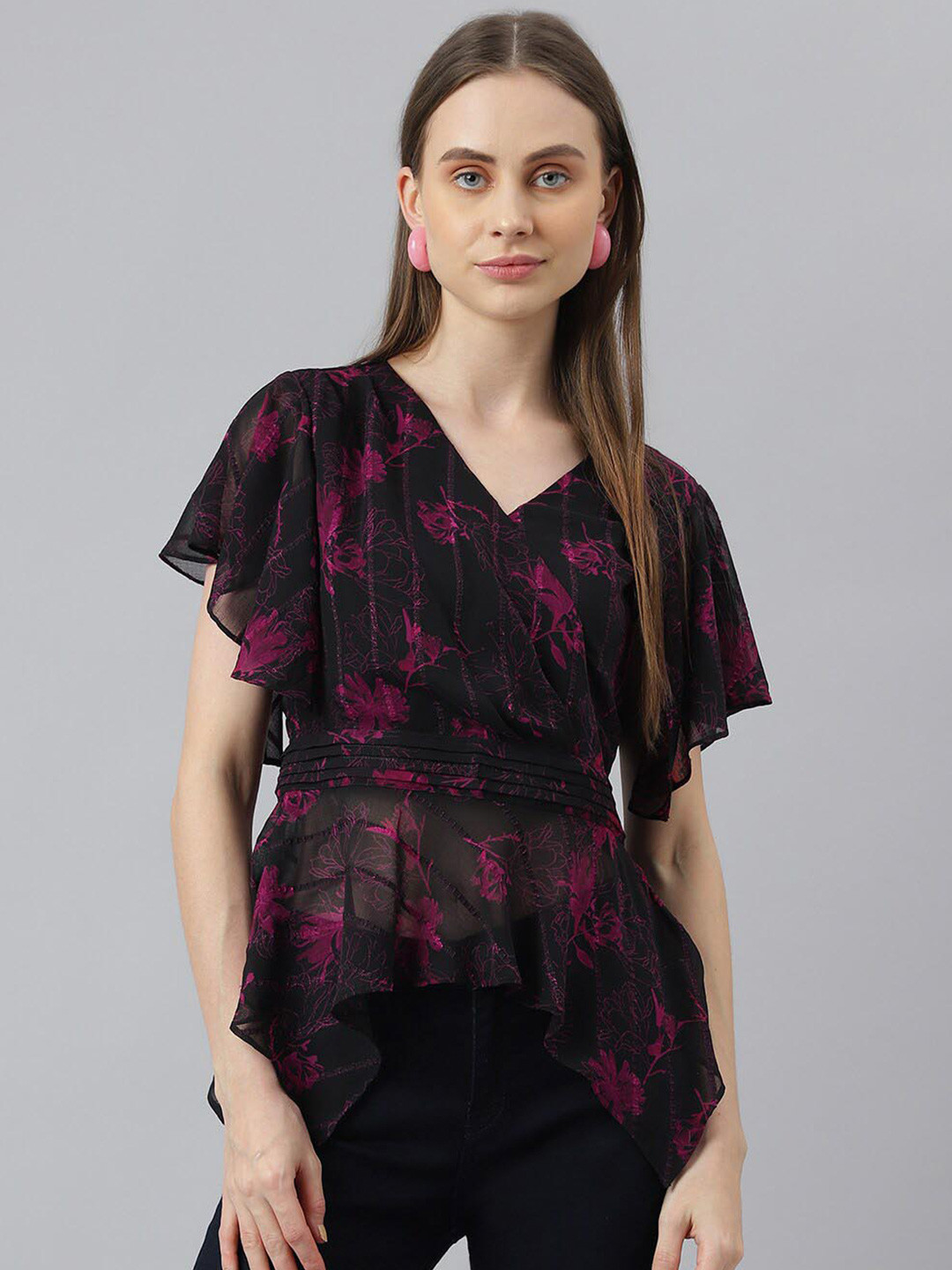 

Latin Quarters Floral Printed V-Neck Flutter Sleeves Top, Black