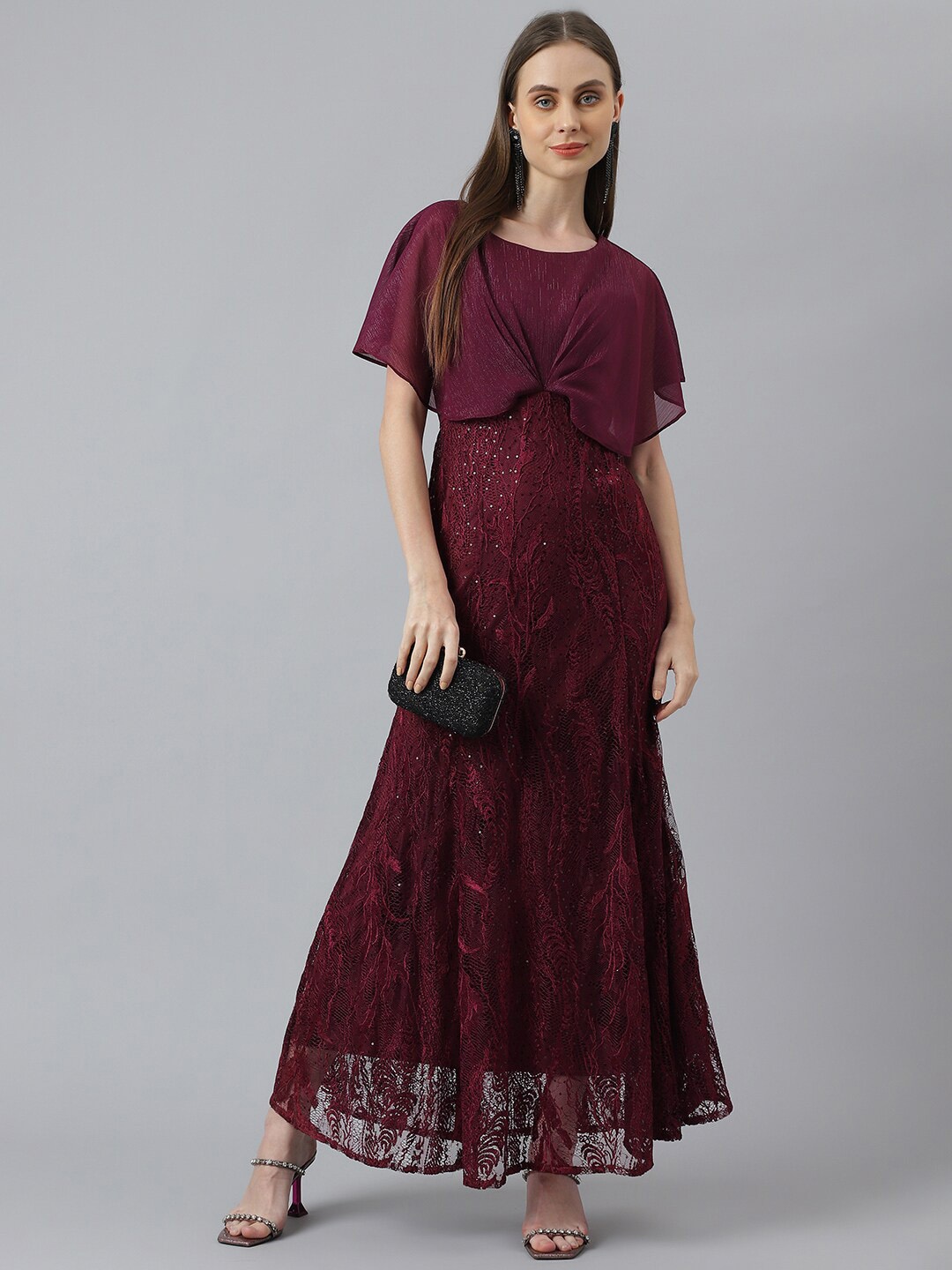 

Latin Quarters Embellished Cape Sleeves Sequined Maxi Dress, Maroon