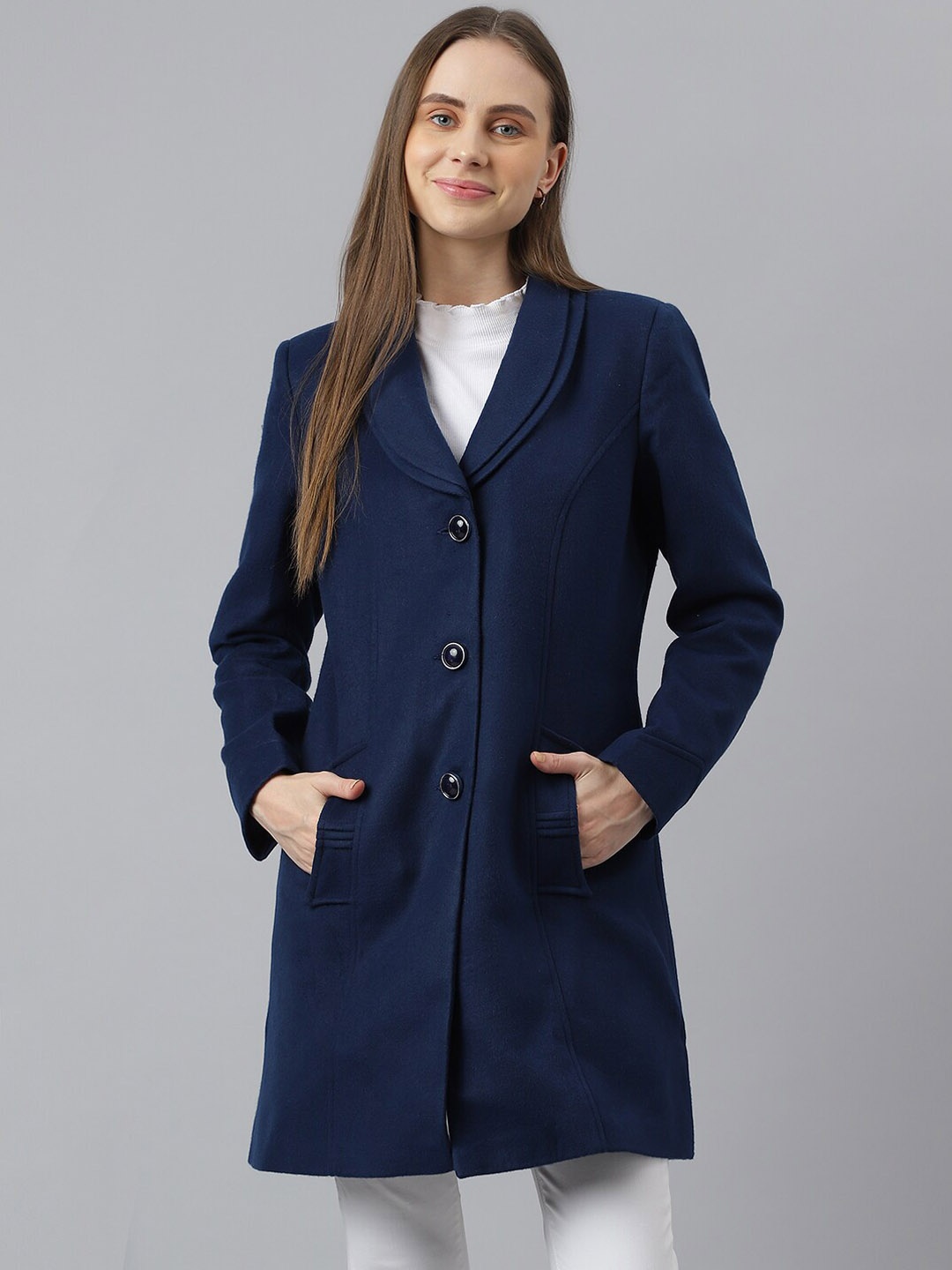 

Latin Quarters Long Sleeves Shawl Collar Longline Overcoat, Blue