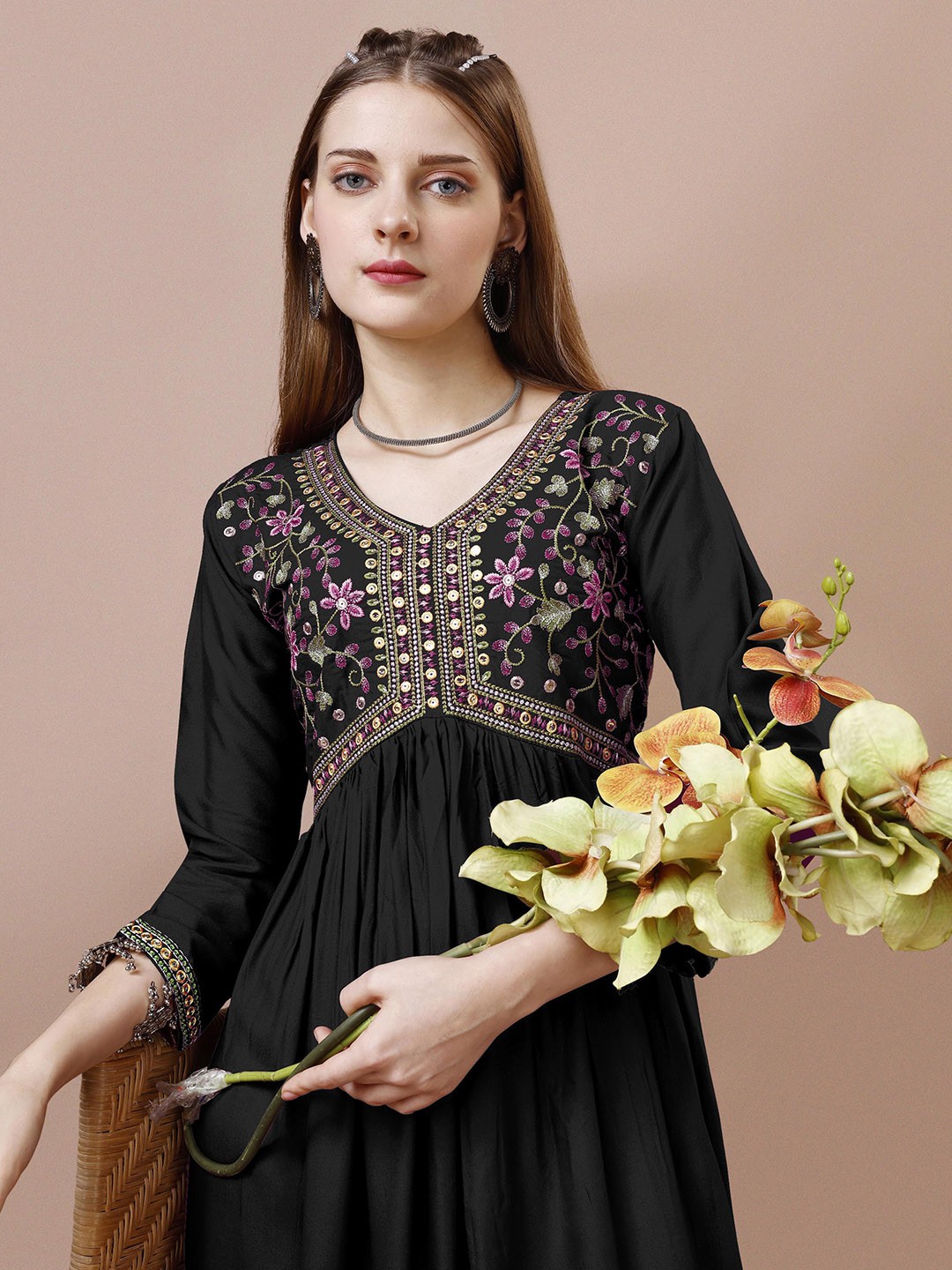 

Shree Ramkrishna Fab Floral Embroidered Sequinned Anarkali Dress, Black