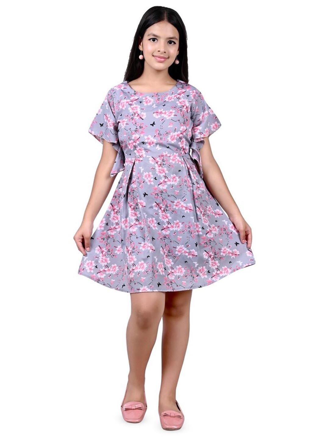 

BAESD Girls Floral Printed Flared Sleeves Fit & Flare Dress, Grey