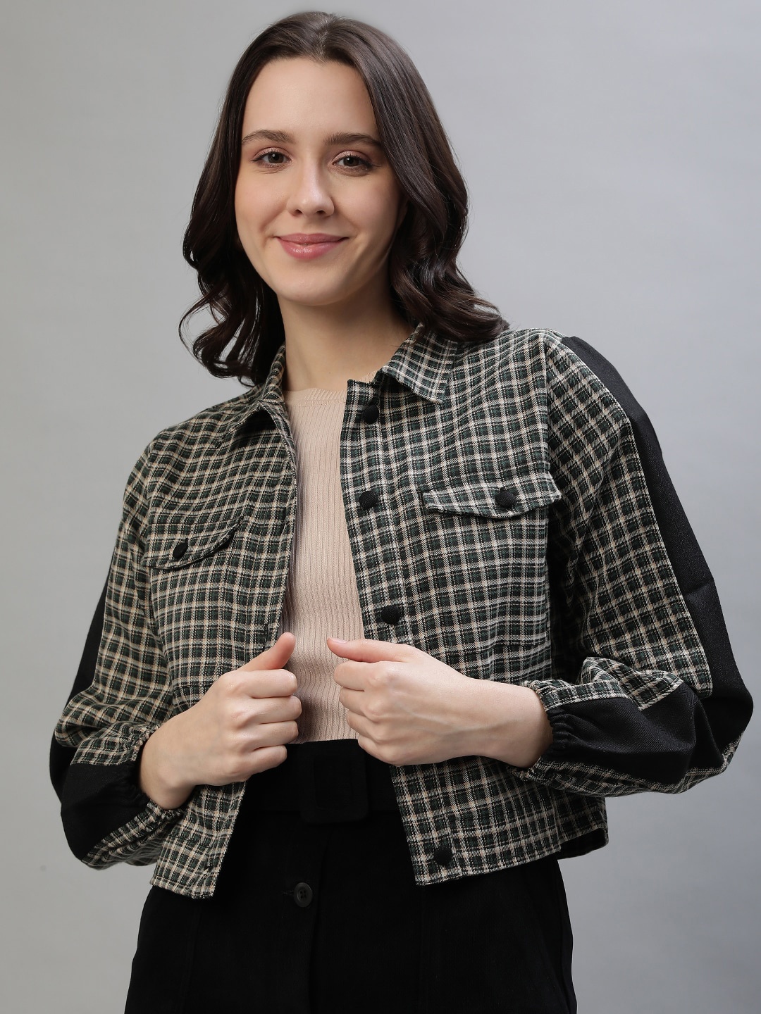 

Iconic Checked Crop Pure Cotton Tailored Jacket, Black