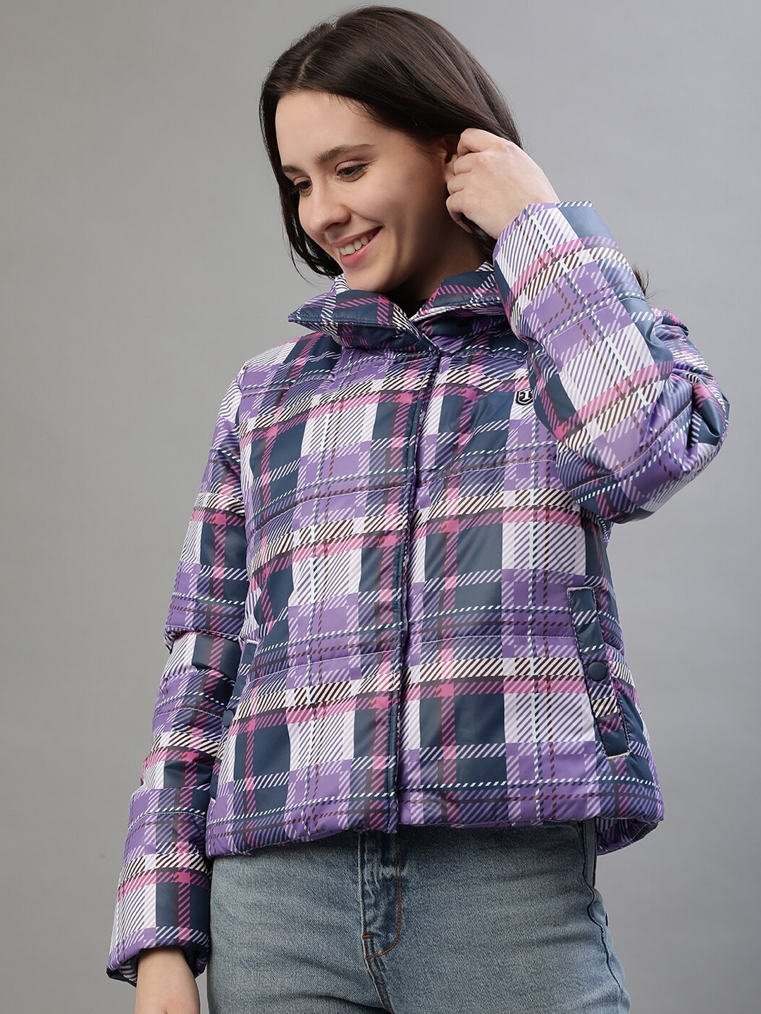 

Iconic Geometric Printed Long Sleeves Mock Collar Puffer Jacket, Purple