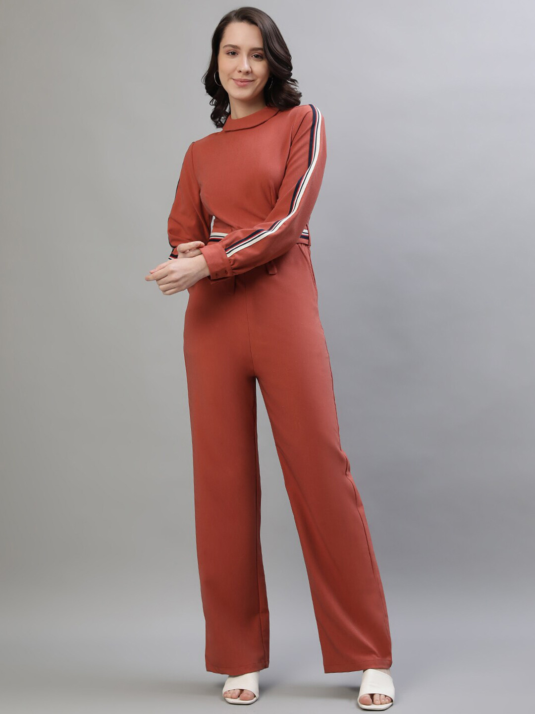 

Iconic High Neck Long Sleeves Basic Jumpsuit, Rust