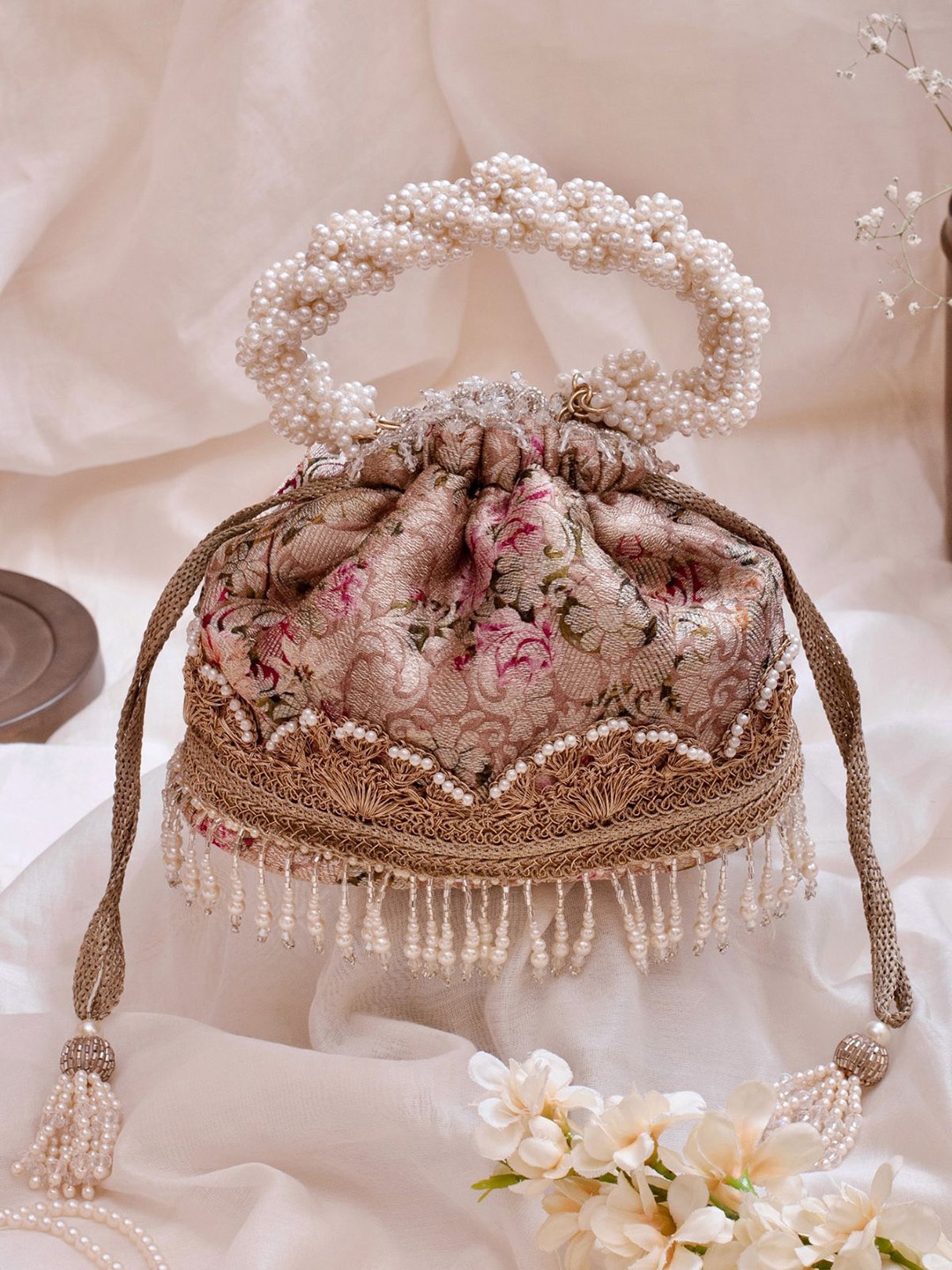 

AMYRA Embroidered Fabric Potli Clutches, Rose