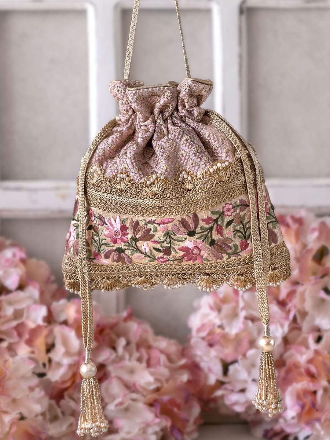 AMYRA Embroidered Fabric Potli Clutches, Pink