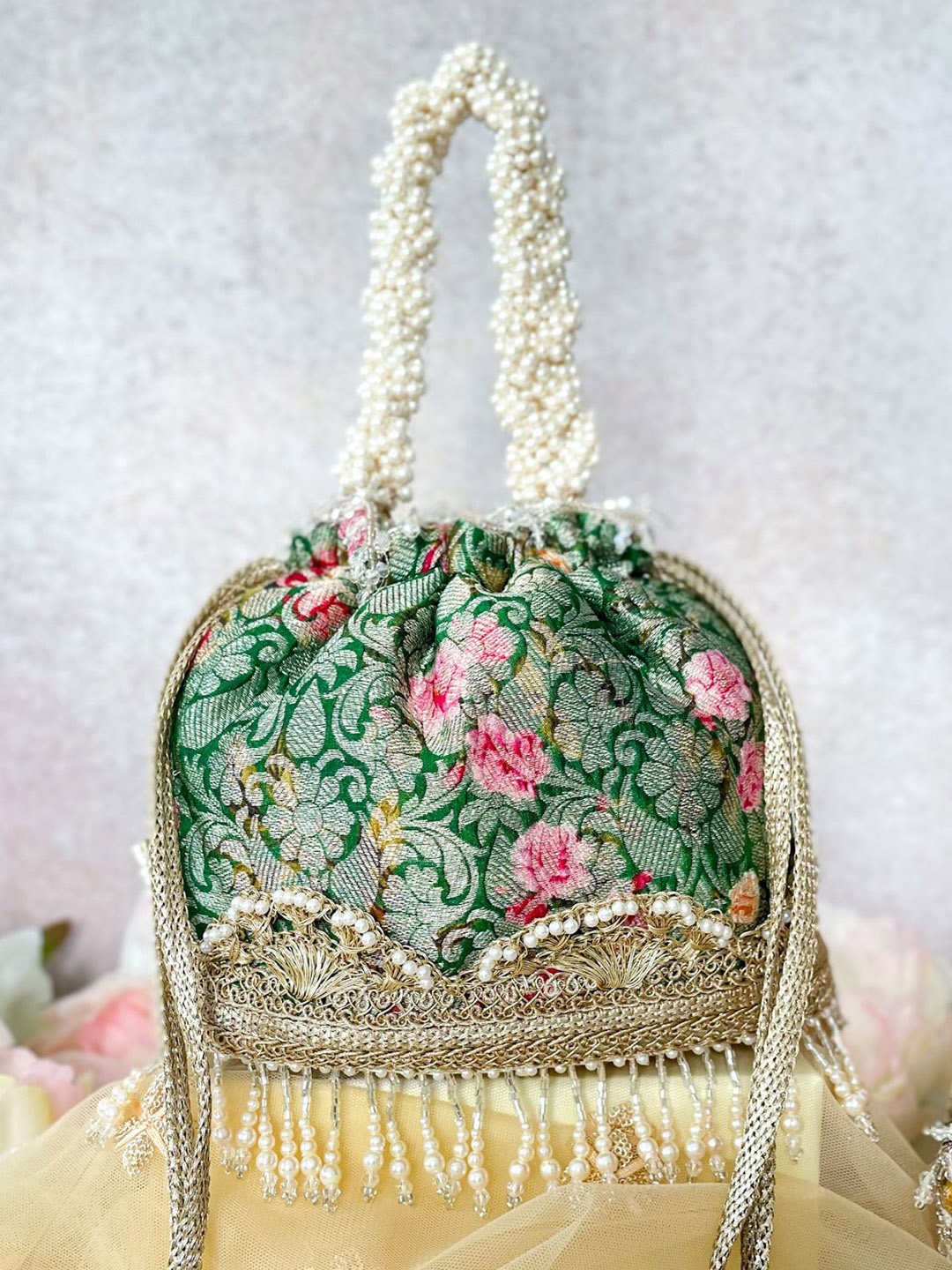 

AMYRA Embroidered Fabric Potli Clutches, Green