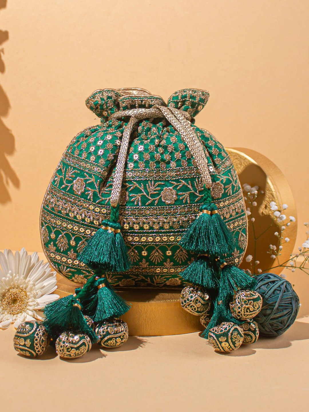

AMYRA Ethnic Motifs Embellished Potli Bag, Green