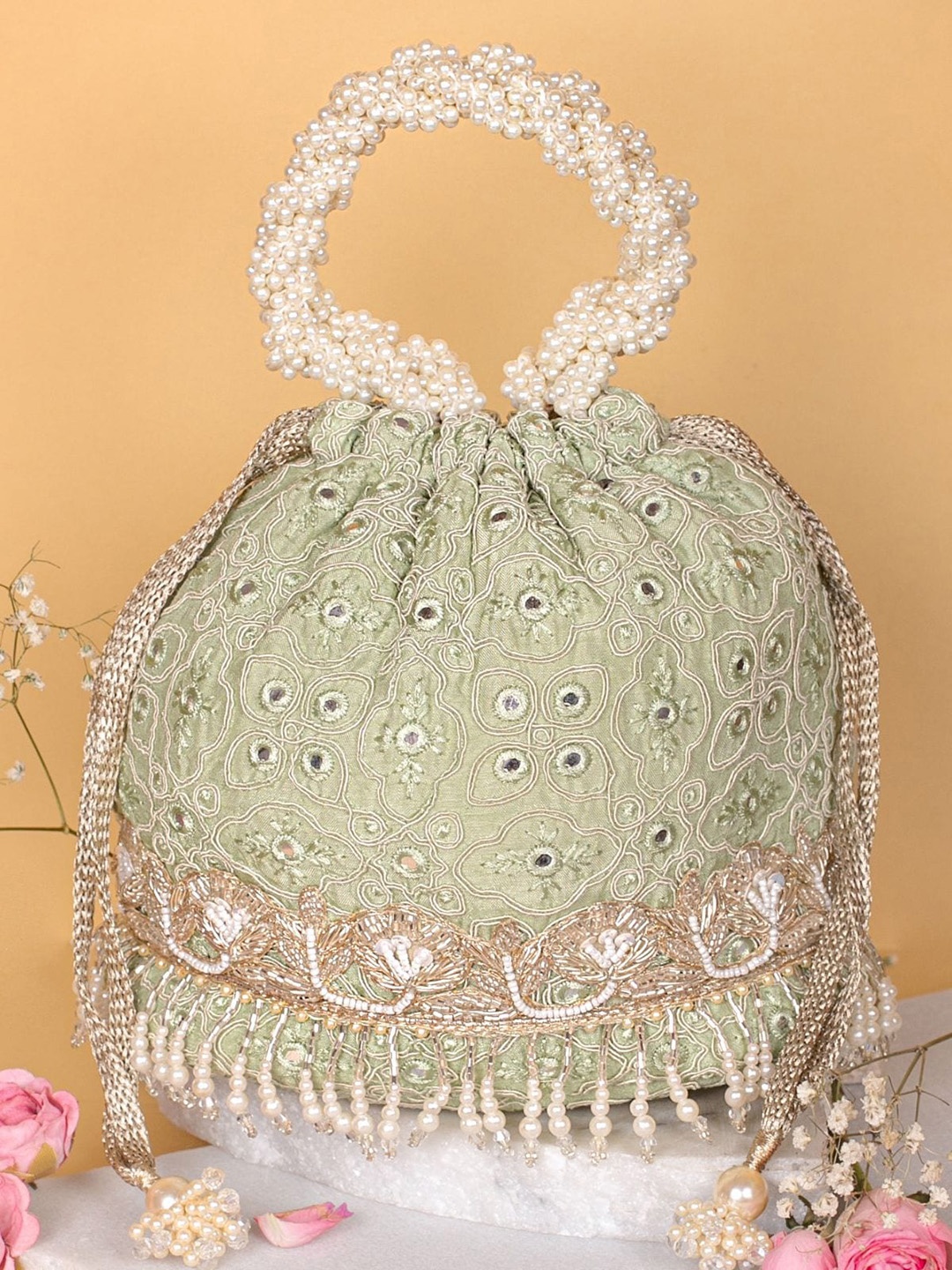 

AMYRA Embroidered Embellished Fabric Potli, Green
