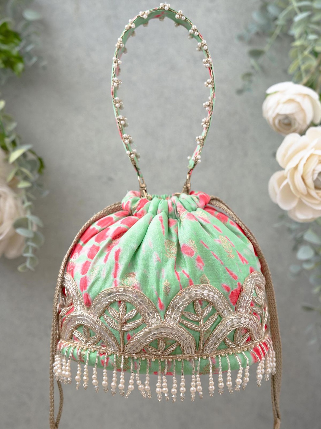

AMYRA Printed Embellished Potli Bag, Green