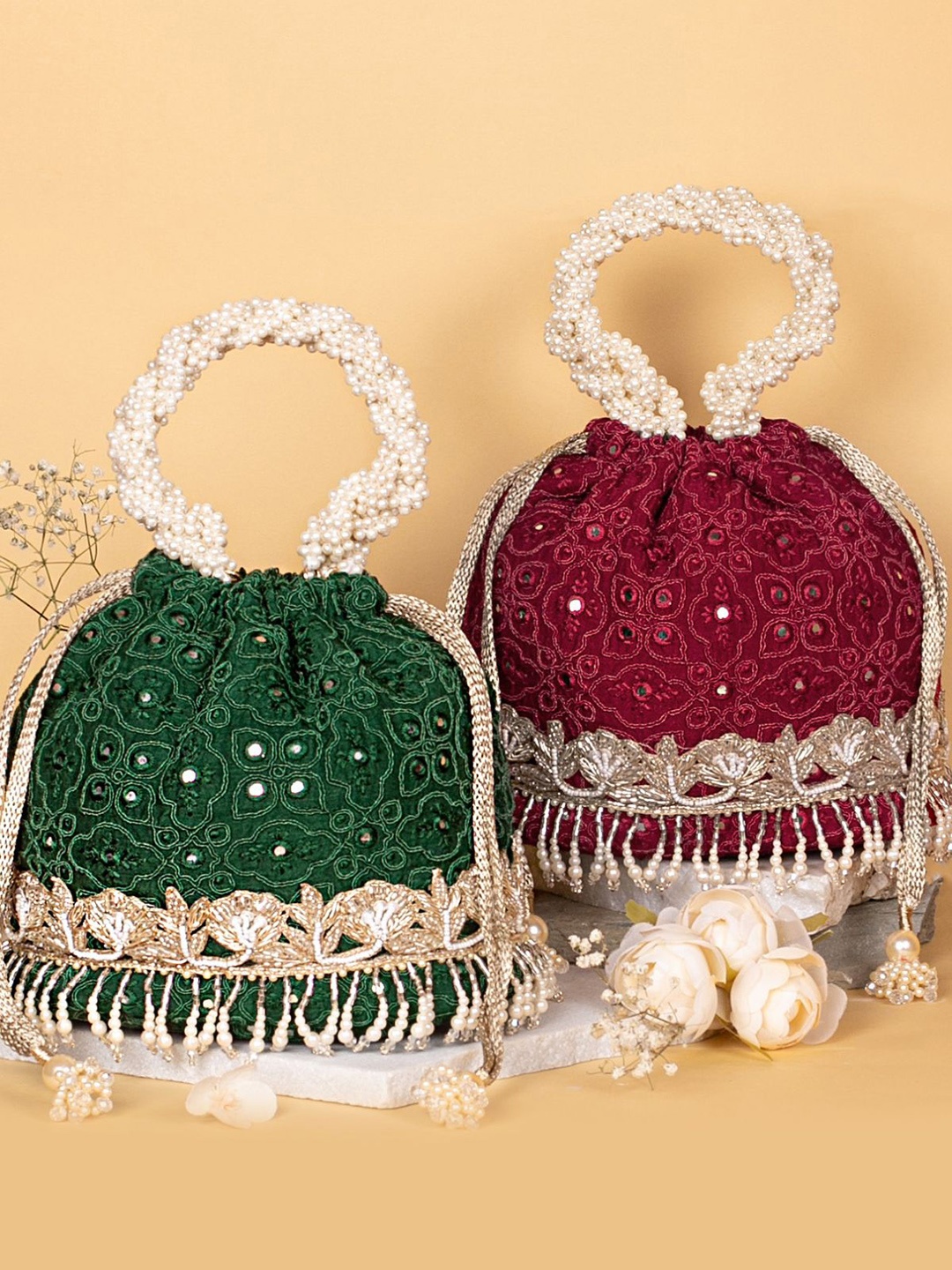 

AMYRA Ethnic Motifs Embroidered Potli Clutches, Green