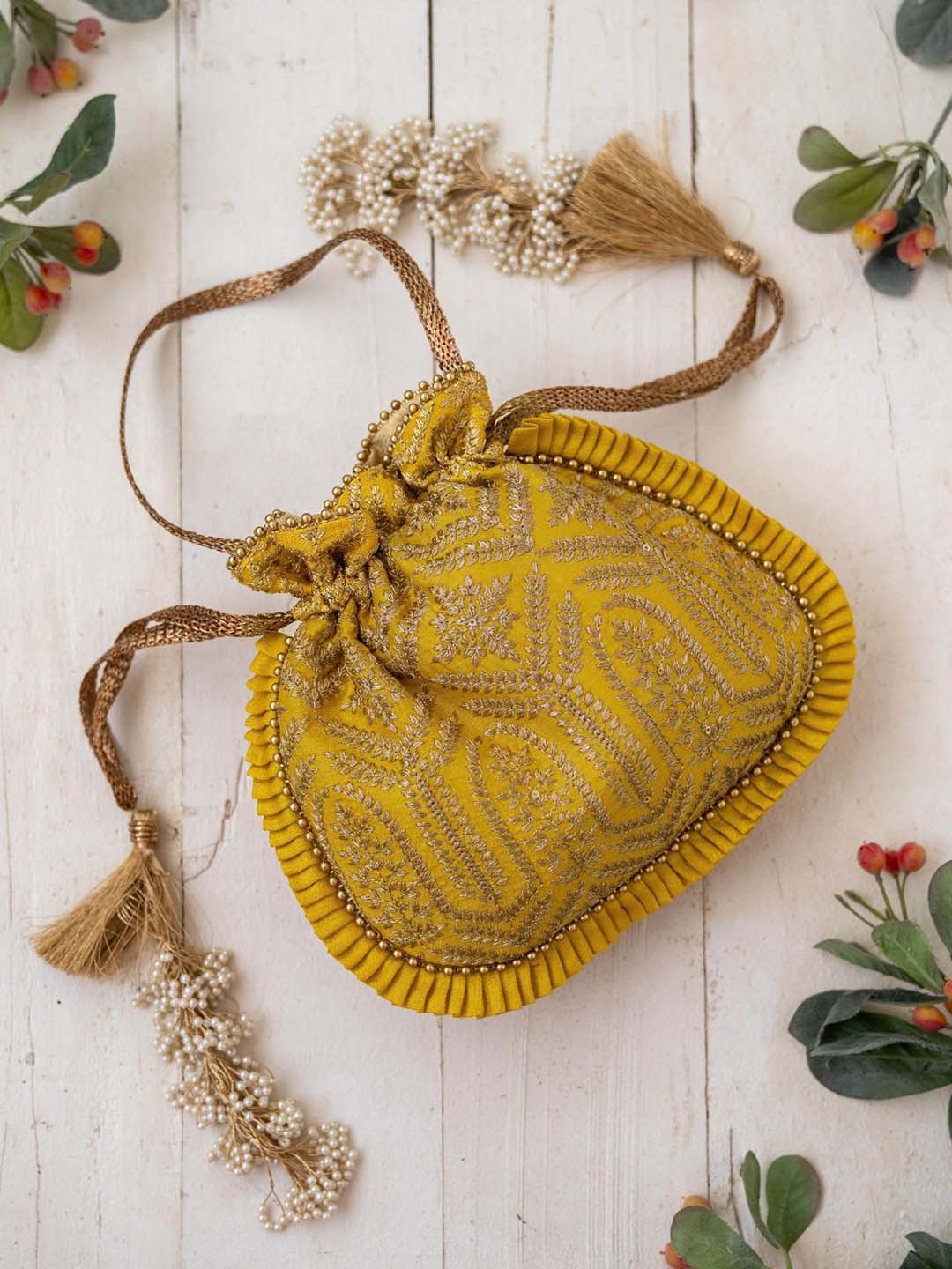 

AMYRA Embroidered Embellished Fabric Potli, Yellow