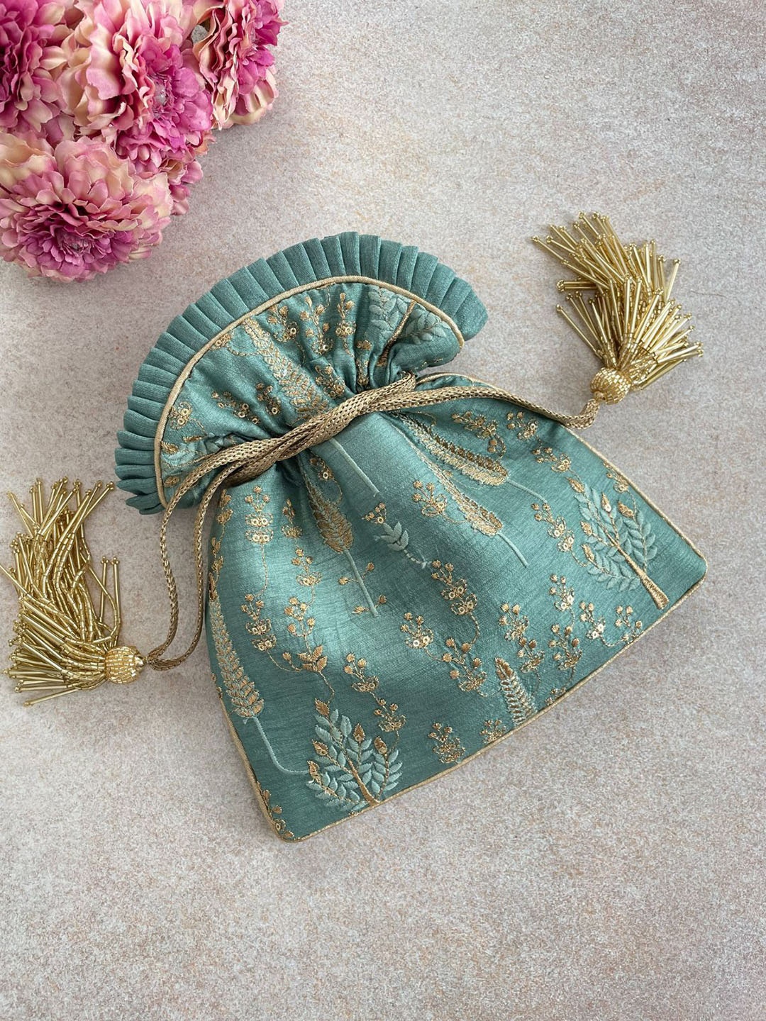 

AMYRA Embroidered Fabric Potli Clutches, Sea green