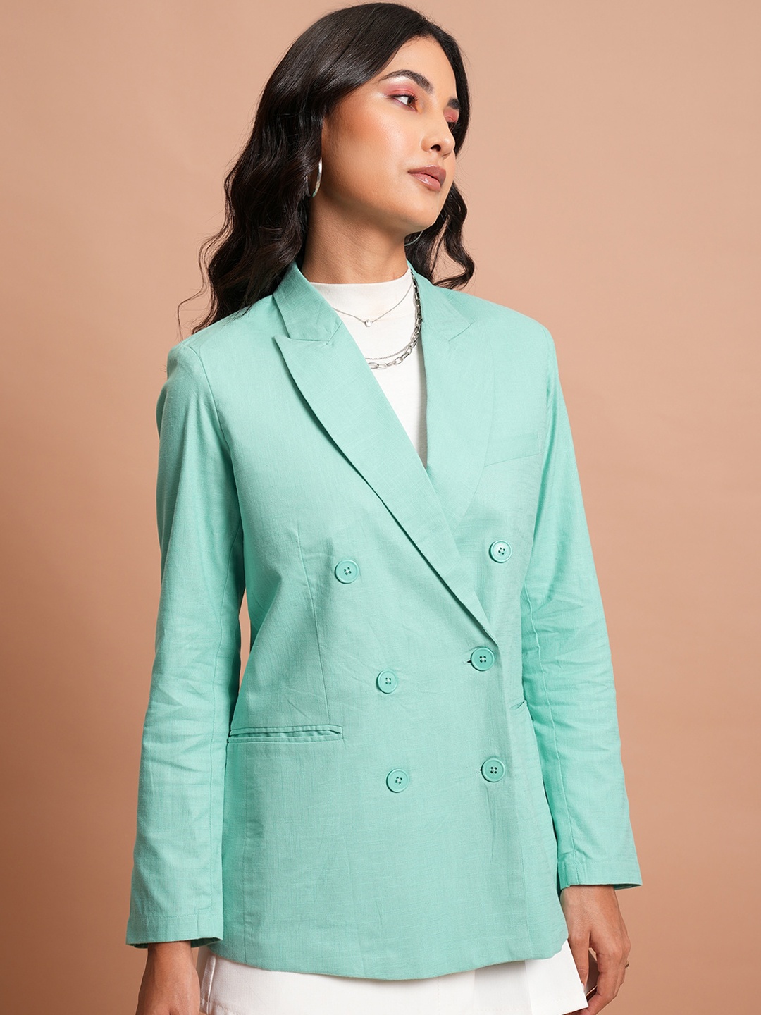 

CHIC BY TOKYO TALKIES Sea Green Notched Lapel Collar Double-Breasted Blazer