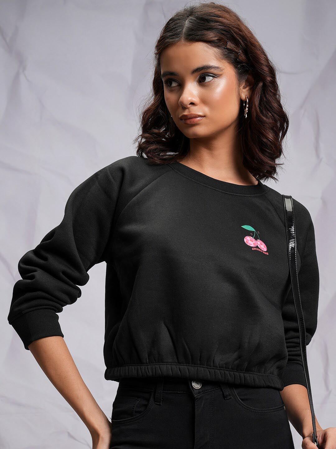 

Tokyo Talkies Black Round Neck Cropped Relaxed Pullover Sweatshirt