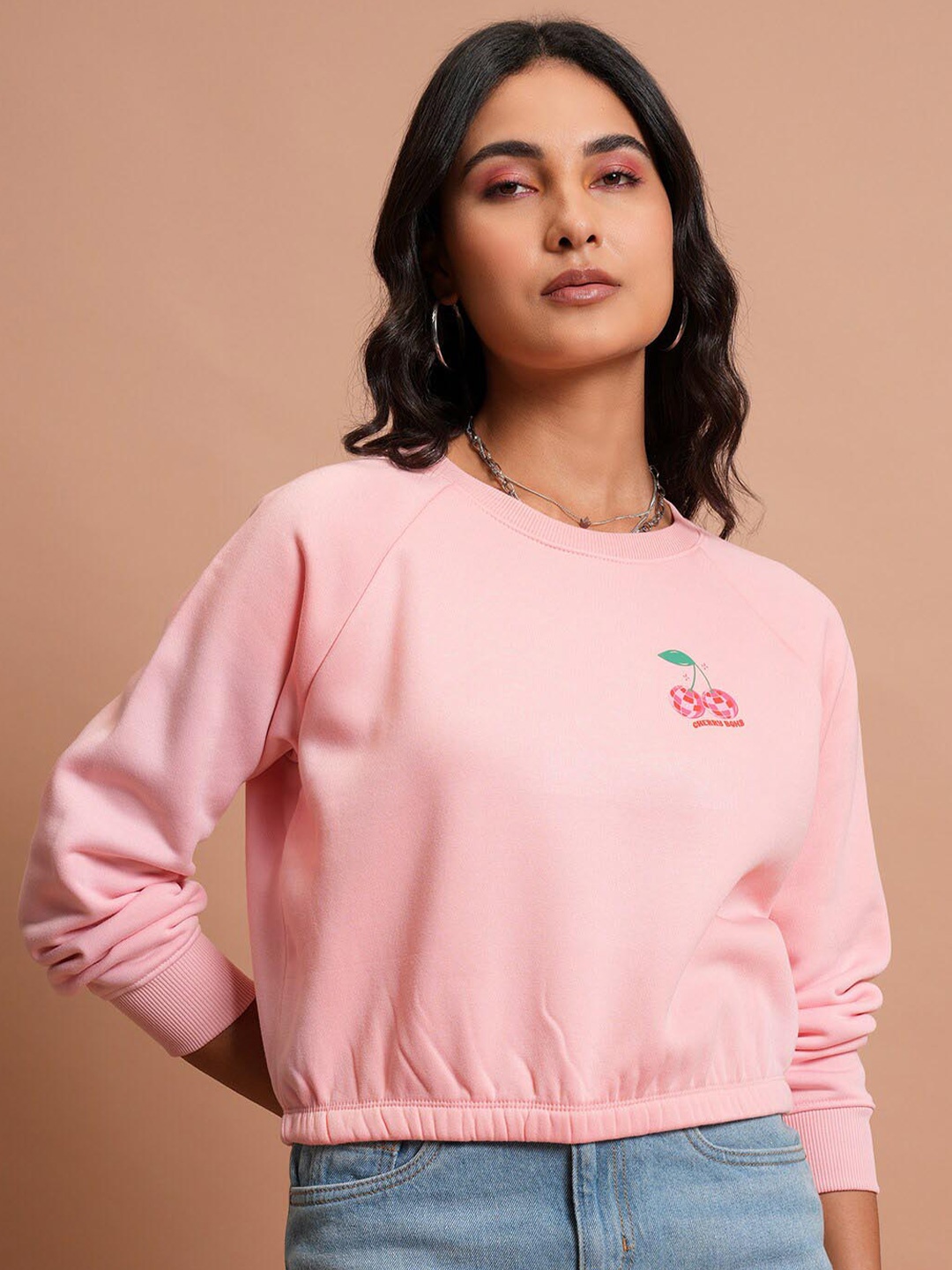 

Tokyo Talkies Pink Graphic Printed Cropped Pullover Sweatshirt