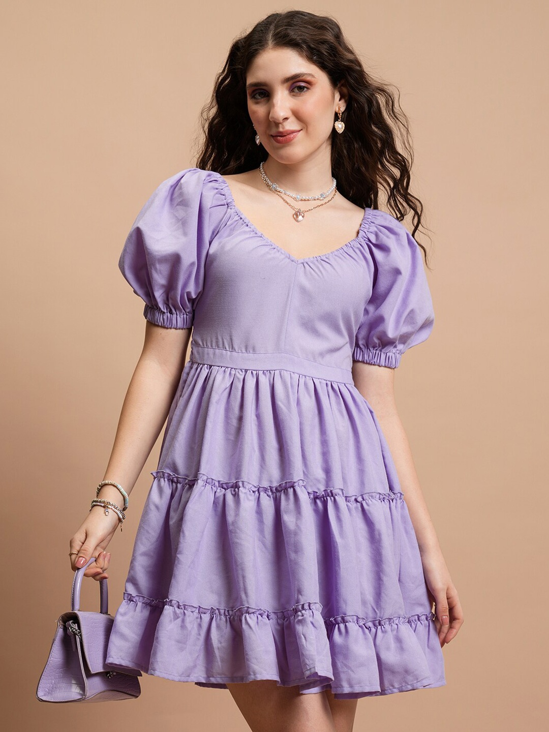 

Tokyo Talkies Purple V-Neck Puff Sleeves Fit & Flare Mini Dress